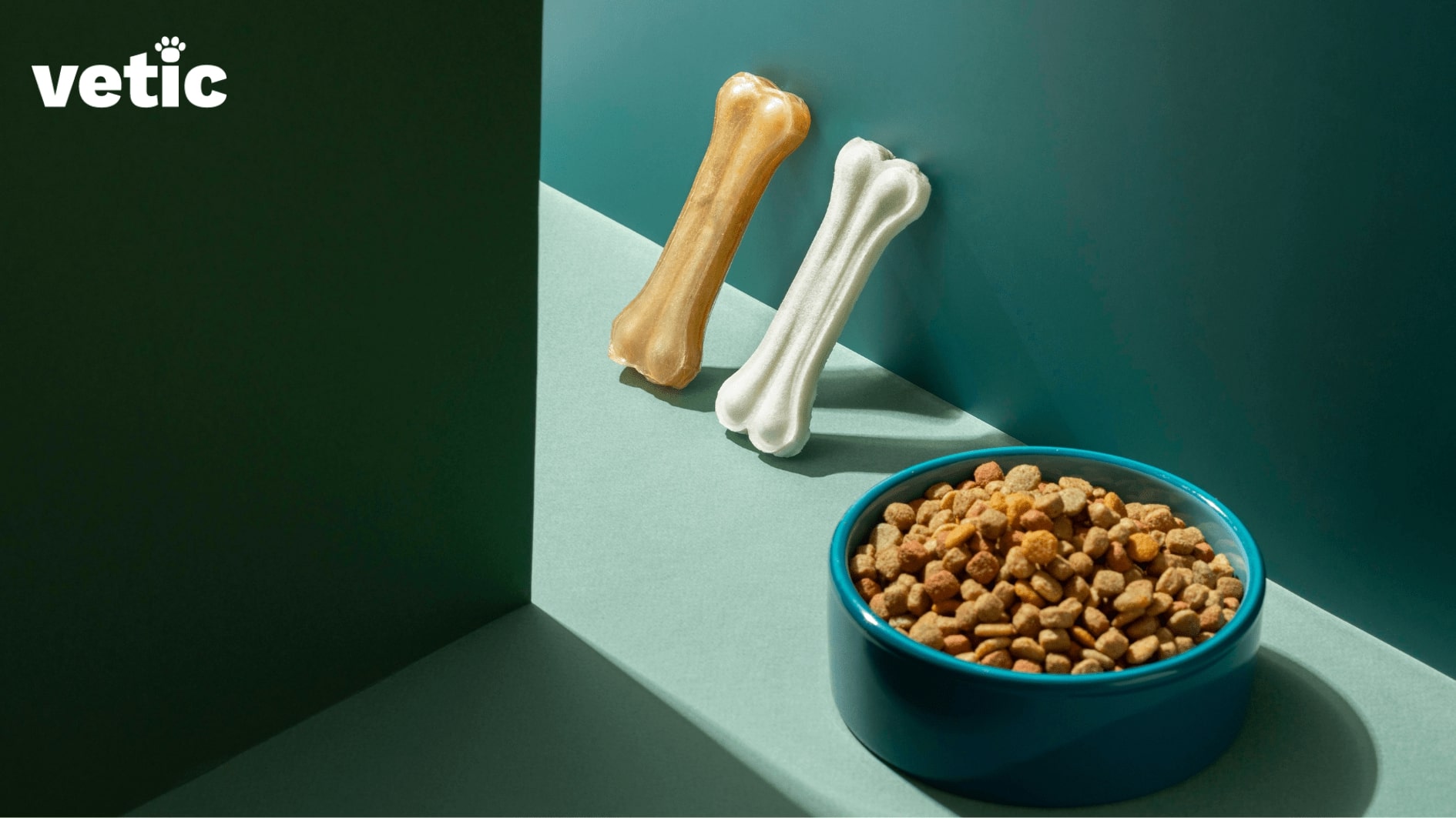 Image of two chew bones, likely made of raw-hide, and dental-friendly kibbles in a blue bowl. the right chew sticks and kibbles can improve a dog's teeth condition.