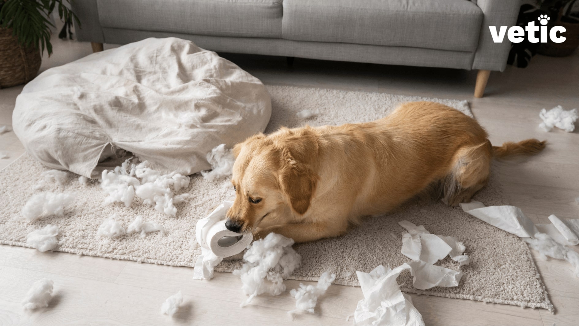 golden retriever sitting on rug with torn cushion, tearing toilet rolls. destructive behaviour when alone is a sign of separation anxiety in dogs. 