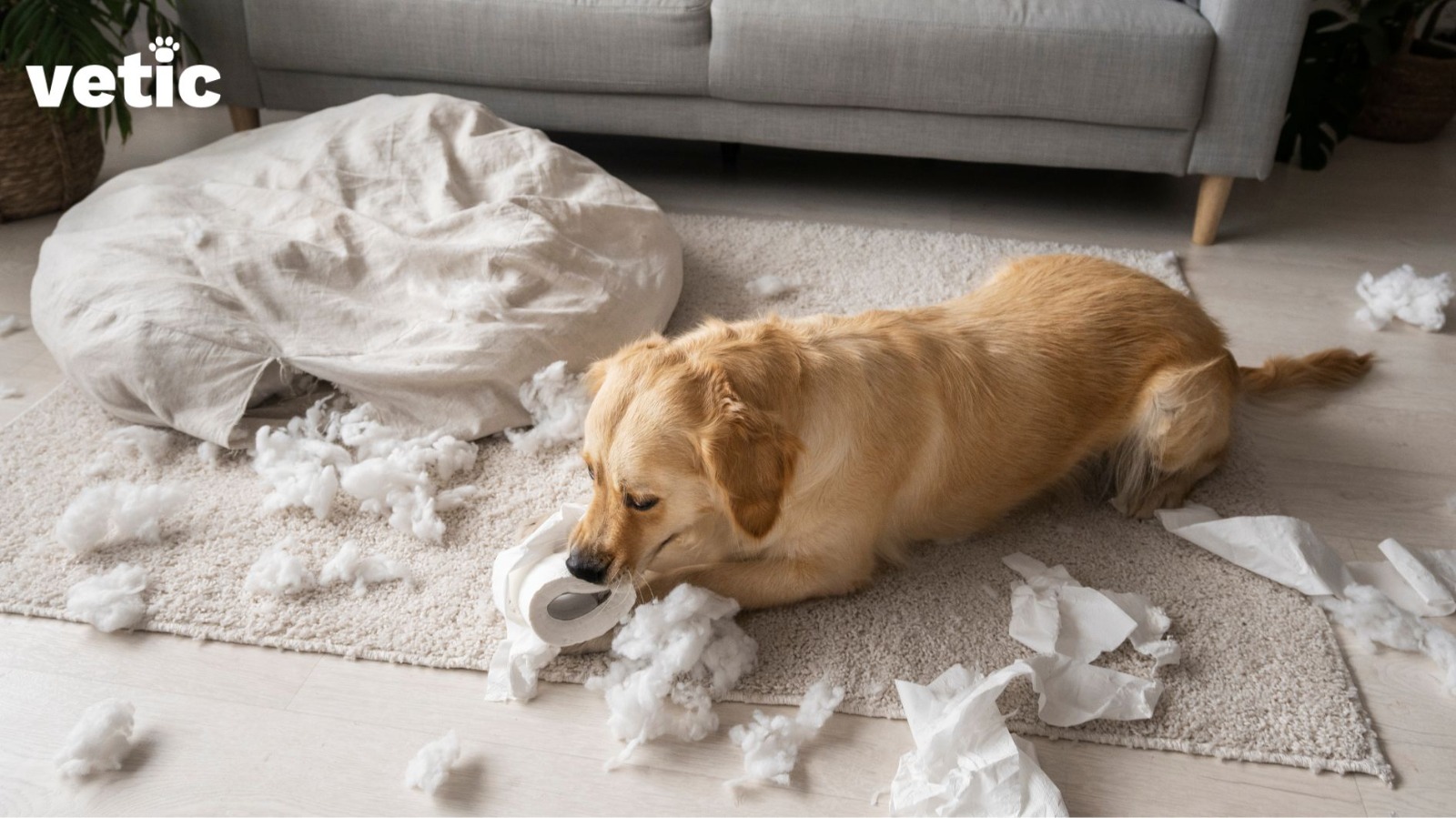 Golden retriever sitting on a beige rug with a torn up cushion by his side, cotton stuffing and toilet paper flying all around him. Leaving dogs alone can result in zoomies, chewing and destructive behaviour.