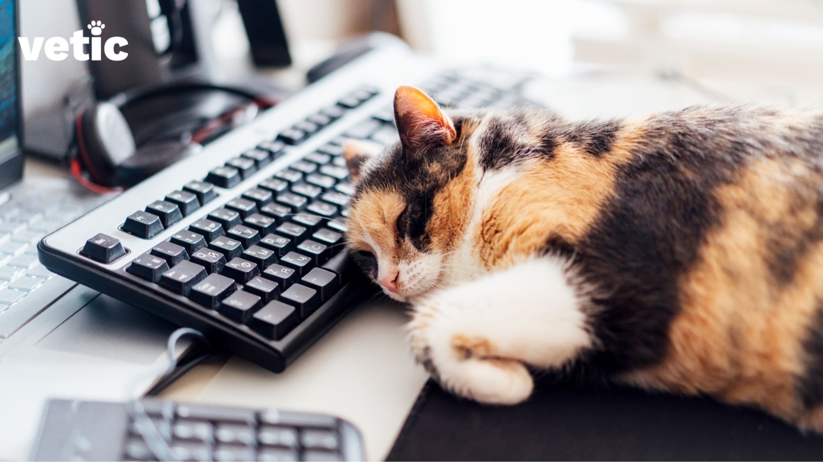 Calico cat sleeping with her head on the keyboard. Take your pet to work if they are calm and not aggressive towards other pets and people.