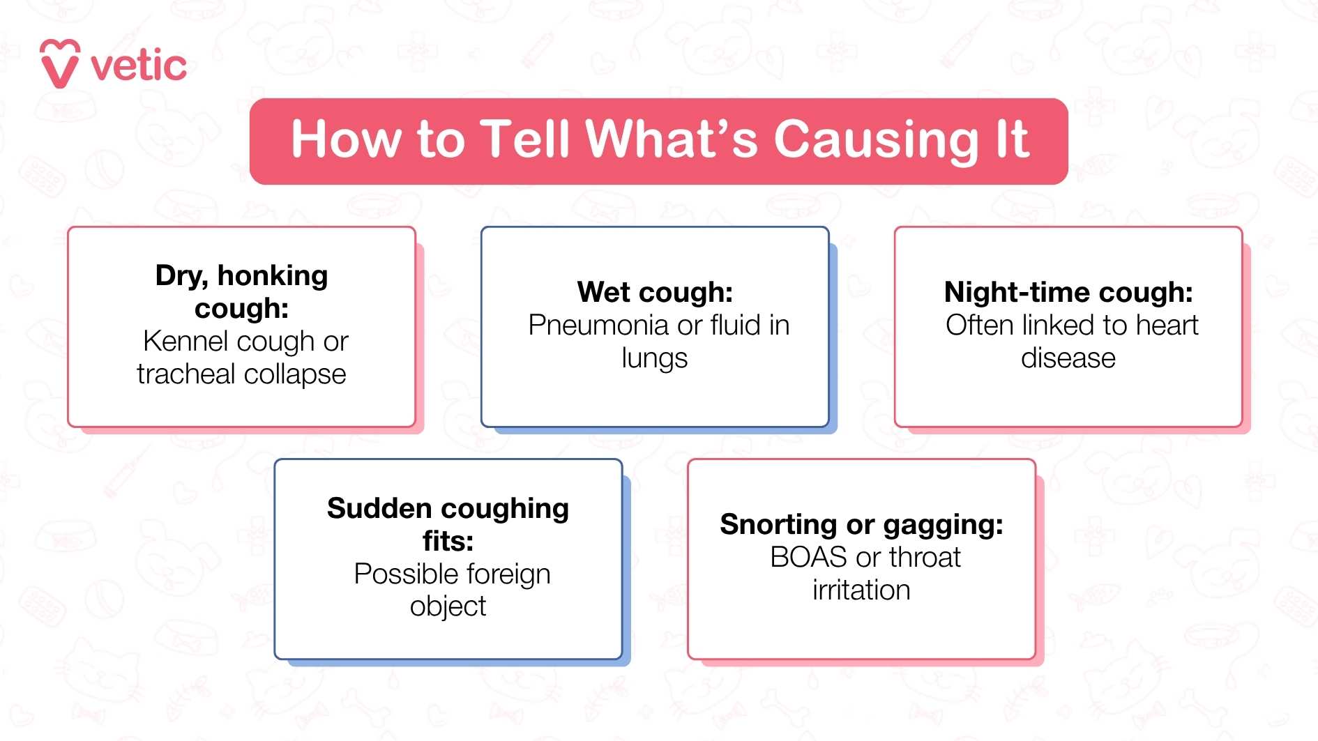 Vetic image showing how to tell the cause of a dog’s cough. The image has a pink and white color scheme with faint illustrations of pet-related items in the background. The main text in a red box reads 'How to Tell What’s Causing It.' Below are five bullet points with text: 'Dry, honking cough: Kennel cough or tracheal collapse,' 'Wet cough: Pneumonia or fluid in lungs,' 'Night-time cough: Often linked to heart disease,' 'Sudden coughing fits: Possible foreign object,' and 'Snorting or gagging: BOAS or throat irritation.