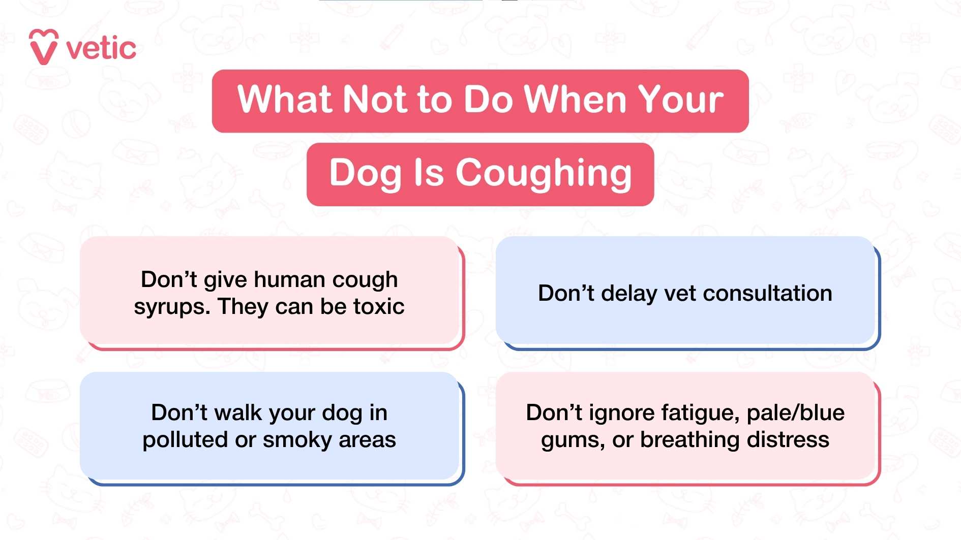 Vetic image showing what not to do when your dog is coughing. The image features a pink and white color scheme with faint pet-related illustrations in the background. The main text in a red box reads 'What Not to Do When Your Dog Is Coughing.' Below are four bullet points with text: 'Don’t give human cough syrups. They can be toxic,' 'Don’t delay vet consultation,' 'Don’t walk your dog in polluted or smoky areas,' and 'Don’t ignore fatigue, pale/blue gums, or breathing distress.