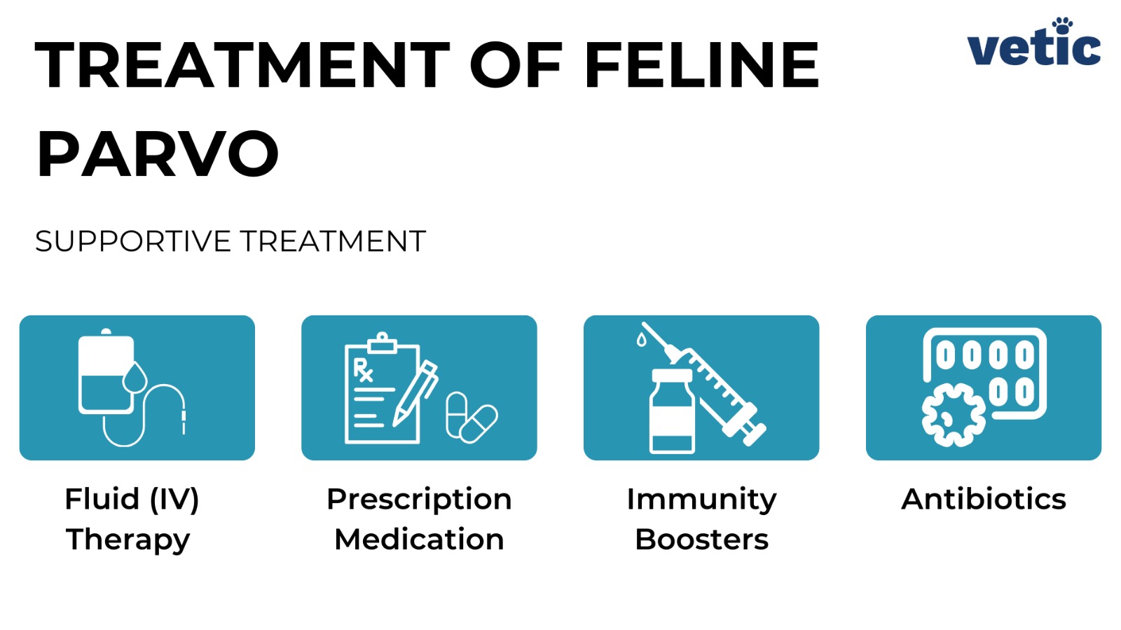 Infographic by Vetic on Treatment for Feline Parvo Supportive Treatment is the only treatment available since there is no drug or antiviral that specifically targets FPV. Fluid (IV) Therapy Prescription Medication Immunity Boosters Antibiotics