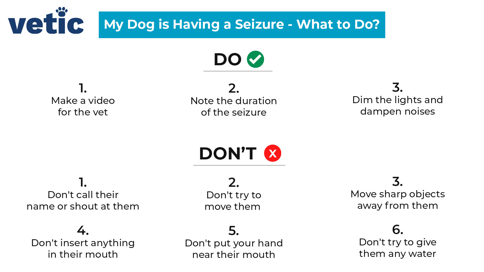 Dog is having a seizure - here's what you should do - 1. Make a video for the vet 2. Note the duration of the seizure 3. Dim the lights and dampen noises What you shouldn't do - 1. Don't call their name or shout at them 2. Don't try to move them 3. Move sharp objects away from them 4. Don't insert anything in their mouth 5. Don't put your hand near their mouth 6. Don't try to give them any water