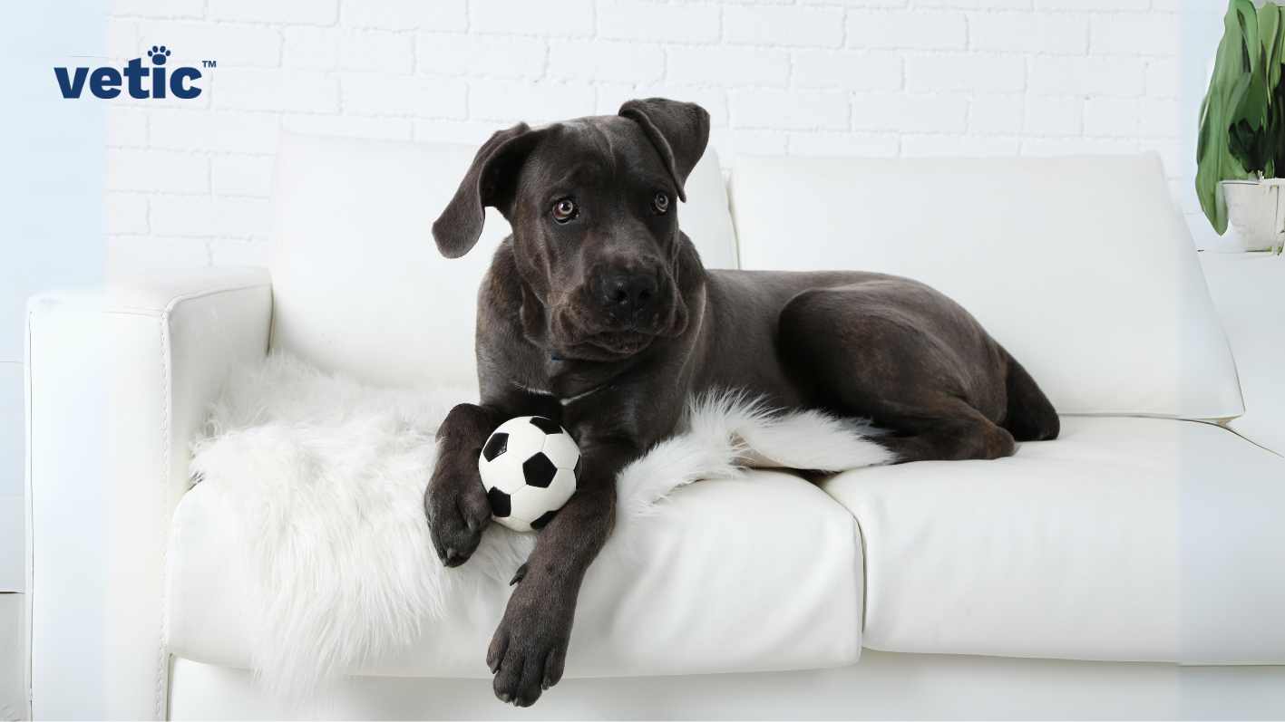 The image features a dark-colored junior dog, a Cane Corso, lying on a white sofa. The dog is holding a small black and white soccer ball with its front paws. A fluffy white rug or blanket is under the dog, adding contrast to its dark fur. In the background, there’s a white brick wall and part of a green plant visible on the right side of the image. Adopting a Cane Corso in India can be difficult considering where you live and how pet friendly how neighbours are.