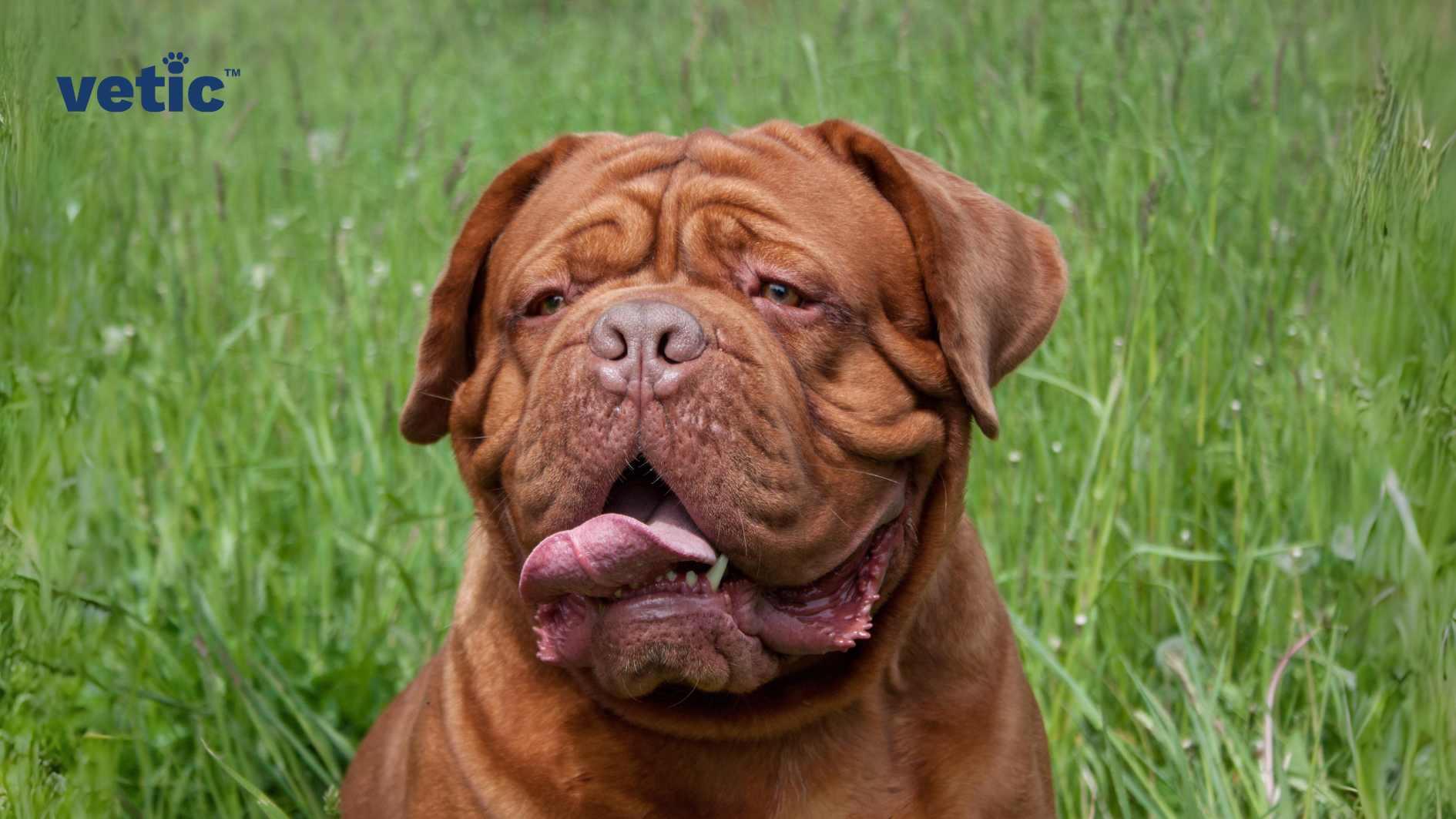It appears to be a French Mastiff in India, in a grassy field, but the dog’s face is blurred out. The text “vetic” in the top left corner suggests that the image might be related to veterinary medicine or animal care. The dog looks calm and relaxed, as its tongue is sticking out slightly. The image was taken outdoors, as there is greenery in the background.