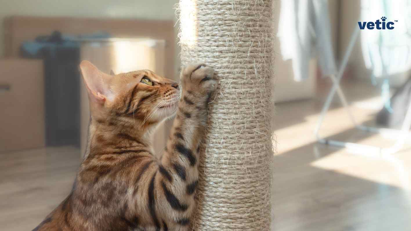 photo of the side profile of A bengal cat scratching a vertical sisal scratch-post.