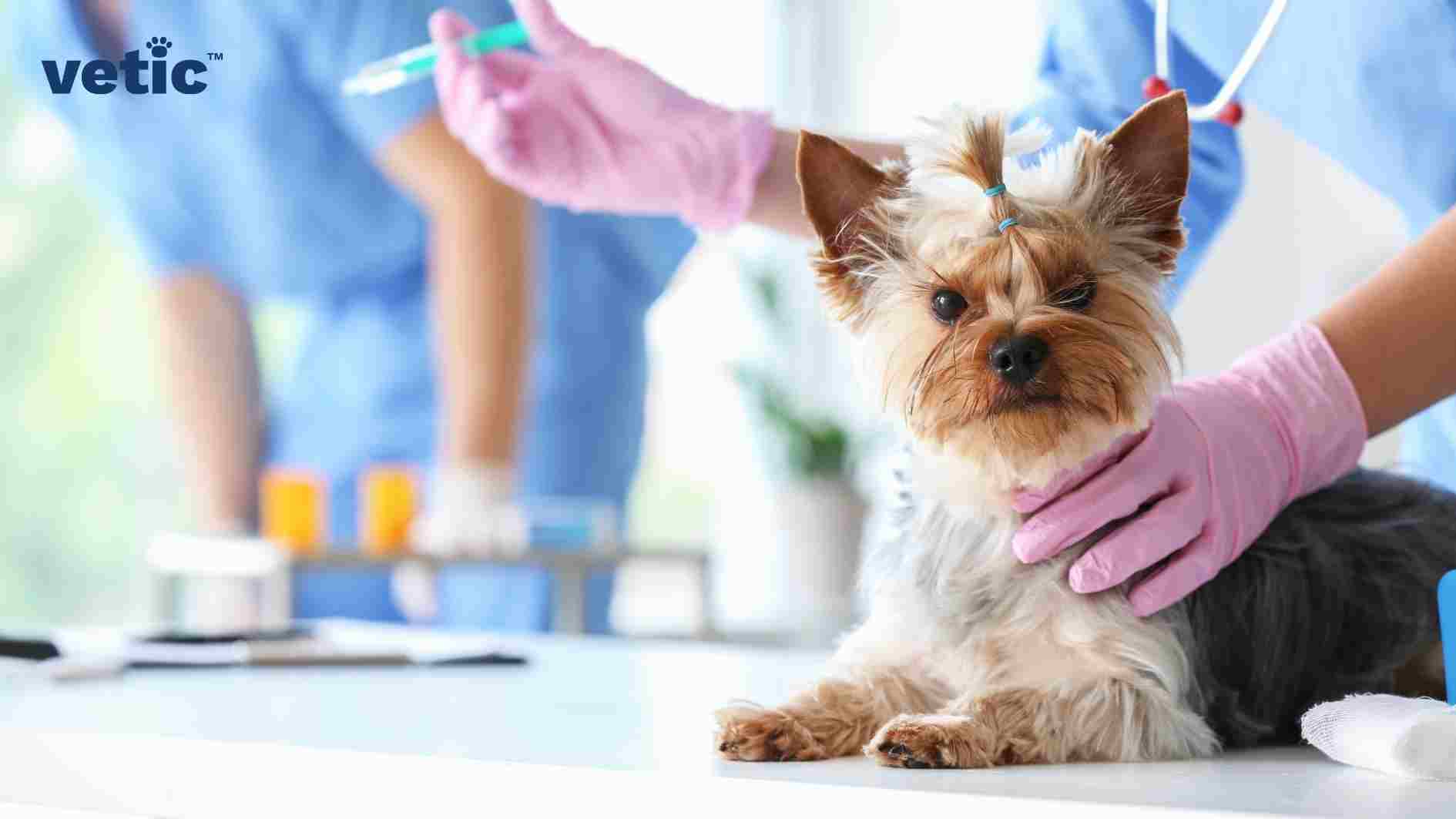 A Shih-Tzu puppy with a tan-black and white coat and two top knots looking at the camera as the vet holds a syringe filled with medicine in the background, to the top left of the dog's head. The image has a "vetic" copyright present on the top-left corner of the photo. The veterinarian is the best person to choose the right dewormers for your dog. The photo has been clicked inside a veterinary clinic, presumably Vetic Pet Clinic, since there are other veterinarians and blurred silhouettes of medical infra visible in the background.