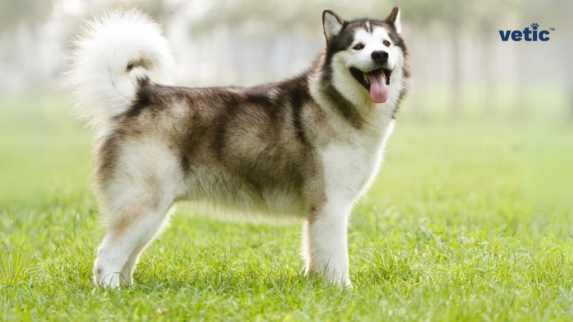 The image shows an Alaskan Malamute standing on a grassy field. The dog has a thick, double coat of fur, displaying shades of black, white, and grey. It has erect ears and a bushy tail that curls over its back. The dog’s eyes are not visible, but you can easily distinguish a Husky and Malamute; the former has blue eyes but a malamute always has brown eyes. The dog appears healthy and well-groomed, with its fur shiny and clean. There is a watermark “vetic” at the bottom right corner of the image.