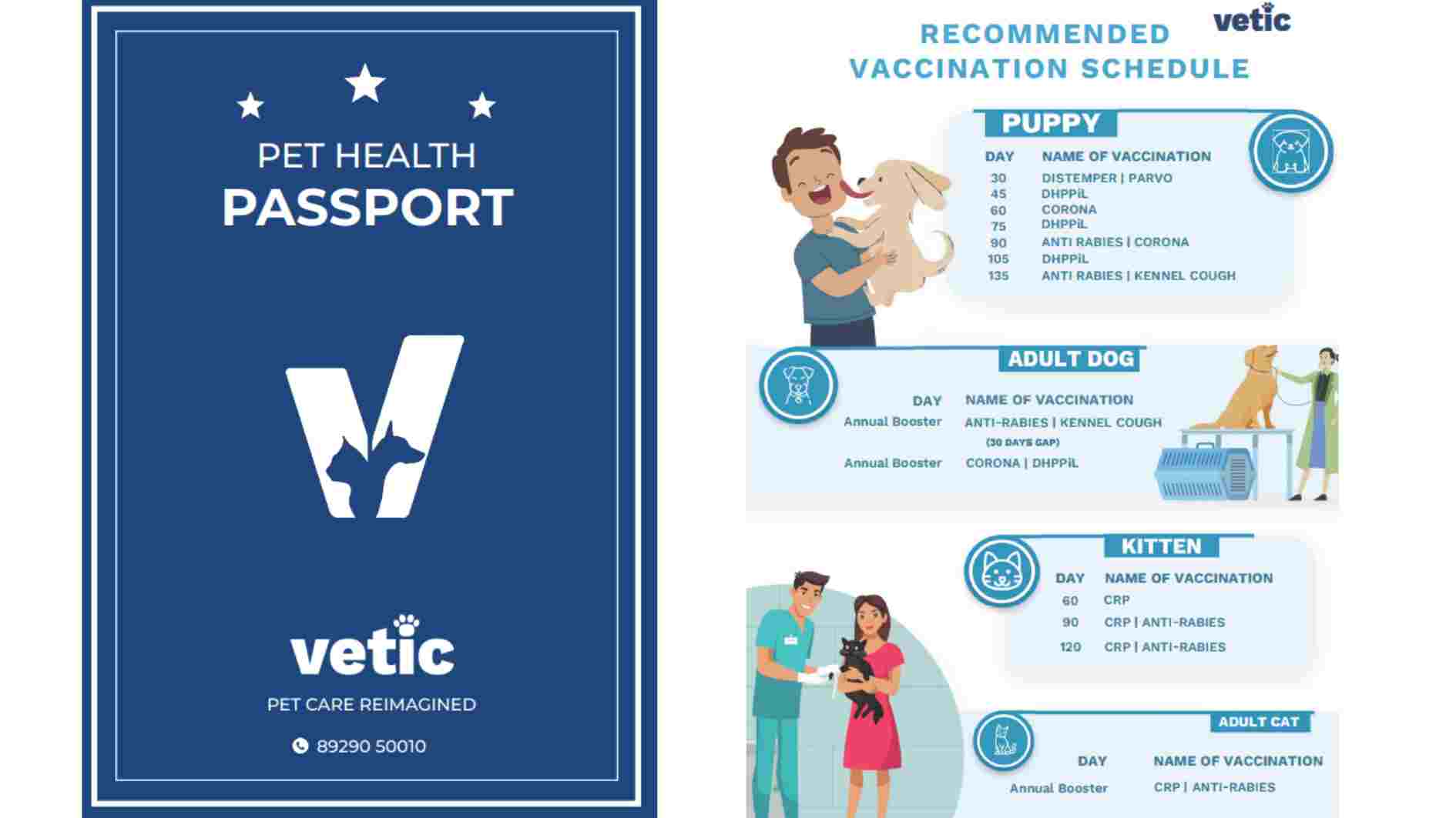 The left side of the image displays a “PET HEALTH PASSPORT” issued by Vetic. The pet vaccination record cum health passport cover is dark blue with white text and stars at the top. Below the cover illustration, there’s an image of a person holding a dog, both smiling. The Vetic logo, represented by a stylized “V,” is prominently displayed in white. Beneath the logo, it reads “PET CARE REIMAGINED”, and a contact number “89290 50010” is provided. On the right side, there’s a “RECOMMENDED VACCINATION SCHEDULE” also by Vetic: It’s divided into sections for puppies, adult dogs, kittens, and adult cats. Each section lists the recommended vaccinations and the days post-birth or annual boosters when they should be administered. Here are some details from the schedule: Puppy Vaccination Schedule: Day 45: DISTEMPER | PARVO Day 60: DISTEMPER | PARVO | CORONA Day 75: DHPPiL+LEPTO | CORONA Day 90: ANTI-RABIES | CORONA Day 105: DHPPiL+LEPTO | KENNEL COUGH Adult Dog Annual Booster: ANTI-RABIES | KENNEL COUGH DHPPiL+LEPTO CORONA Kitten Vaccination Schedule: Day 60: FVRCP Day 70: FVRCP | ANTI-RABIES Day 100: FVRCP | ANTI-RABIES Adult Cat Annual Booster: FVRCP | ANTI-RABIES Remember that this is a general guideline, and individual pet health needs may vary. Always consult your veterinarian for personalized advice.