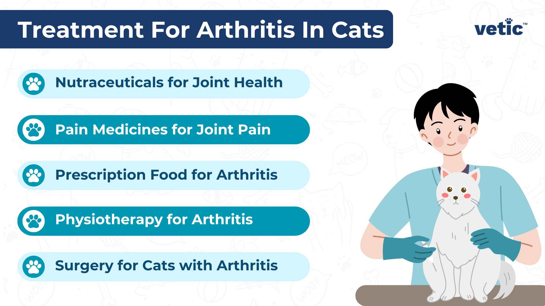 The infographic is titled “Treatment For Arthritis In Cats” and features the logo “vetic” in the top right corner. It includes an illustration of a person wearing gloves and a blue shirt, holding a white cat, set against a white background with faint outlines of cats in various postures. The infographic lists five treatment options for feline arthritis, each presented on a blue banner with accompanying icons: Nutraceuticals for Joint Health Pain Medicines for Joint Pain Prescription Food for Arthritis Physiotherapy for Arthritis Surgery for Cats with Arthritis