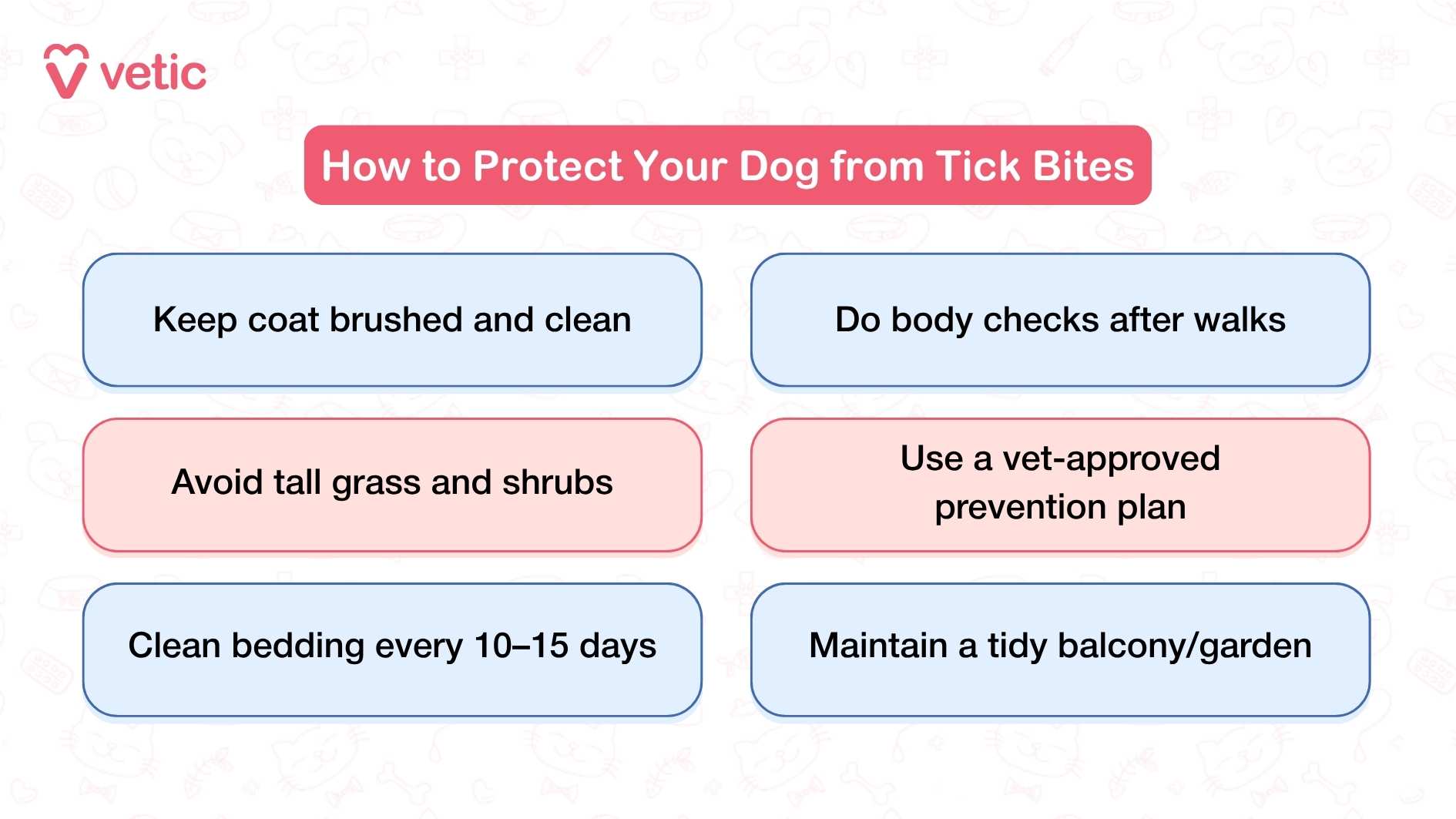 Image showing how to protect your dog from tick bites. The image has a pink and white color scheme with faint pet-related illustrations in the background. The main text in a red box reads 'How to Protect Your Dog from Tick Bites.' Below are six bullet points: 'Keep coat brushed and clean,' 'Do body checks after walks,' 'Avoid tall grass and shrubs,' 'Use a vet-approved prevention plan,' 'Clean bedding every 10–15 days,' and 'Maintain a tidy balcony/garden.