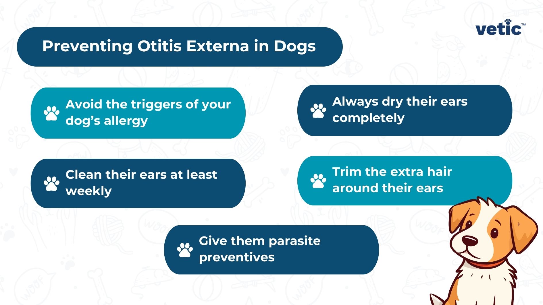 Infographic on Preventing Otitis Externa in Dogs Avoid the triggers of your dog’s allergy Clean their ears at least weekly Always dry their ears completely Trim the extra hair around their ears Give them parasite preventives