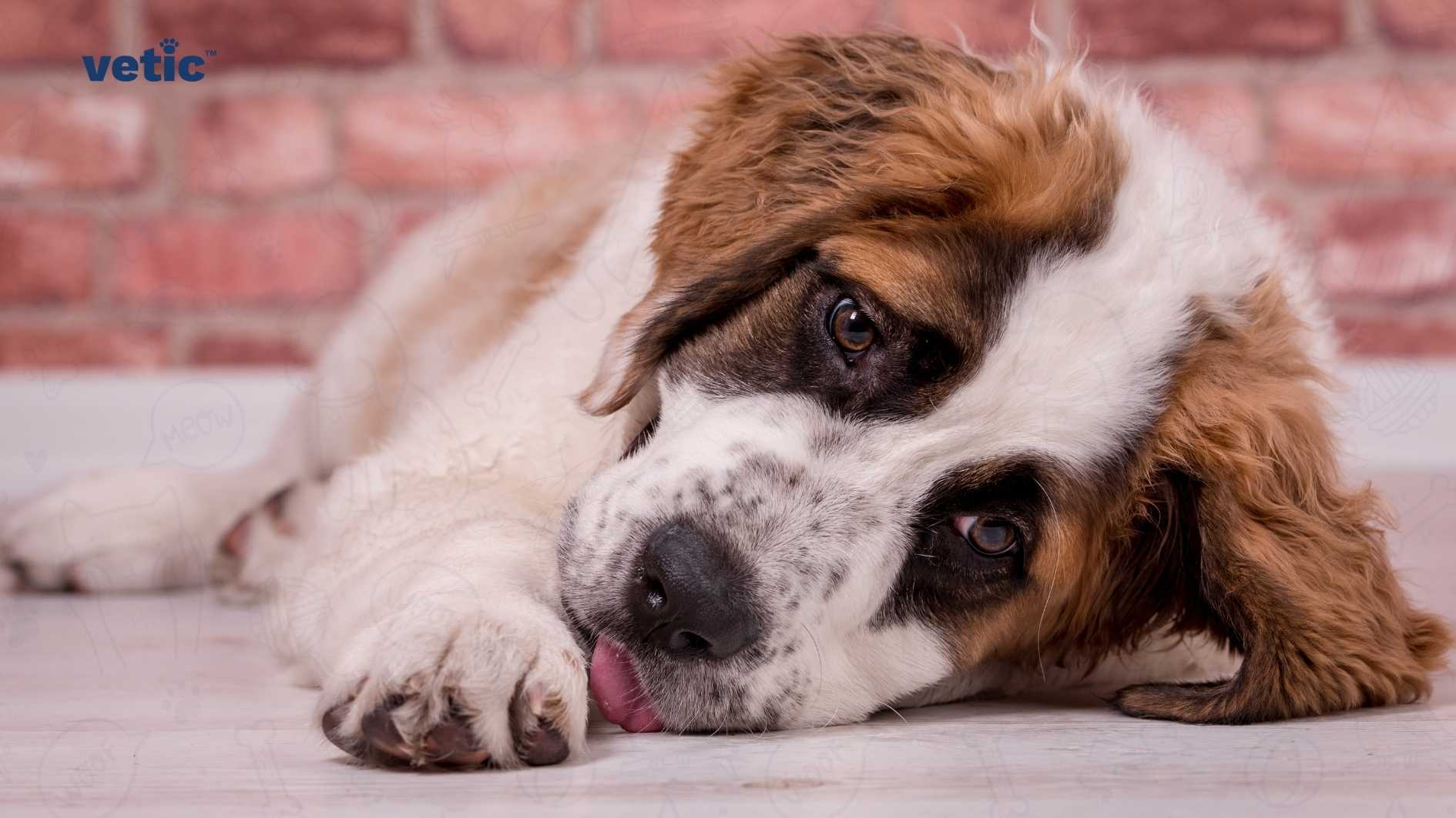 A Saint Bernard dog lying on the floor with its body partially blurred, against a backdrop of a brick wall, with the word ‘vetic’ visible in the top left corner.