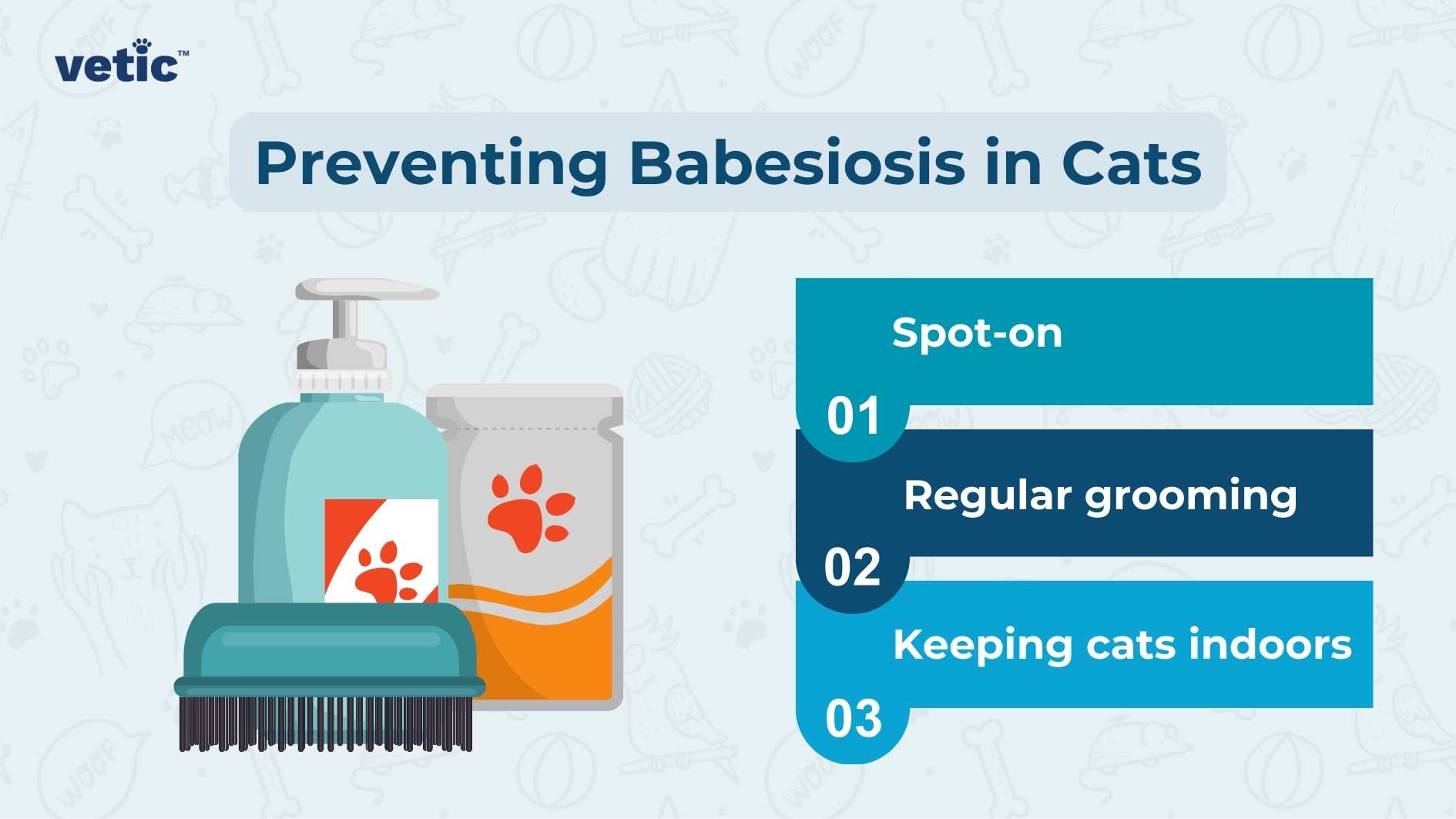 The image is a graphical representation with a title “Preventing Babesiosis in Cats” at the top, suggesting it’s an educational piece about safeguarding cats against a specific disease. On the left side of the image, there is an illustration of a pet grooming brush and a bottle with a pump dispenser, which has paw prints and what appears to be leaves on its label, indicating it might be some pet care product. The right side features three numbered recommendations listed next to a blue vertical bar and bullet points: “01 Regular grooming,” “02 Keeping cats indoors,” and “03 Spot-on.” These points are likely methods recommended for preventing Babesiosis in cats. The background color is light blue, and there’s also the logo ‘vetic’ in the upper left corner.