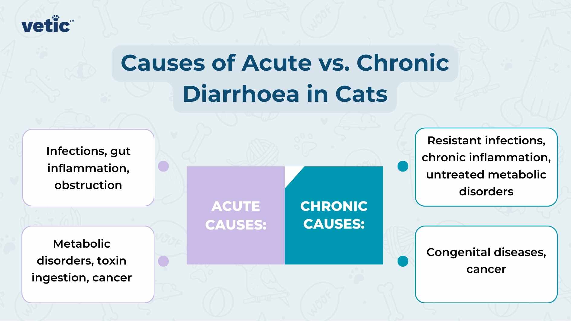 Detailed Description The image is titled “Signs of Diarrhoea in Cats” and features a logo at the top left corner that reads “vetic.” The background is light blue with decorative elements like leaves and dots. There are five bullet points listed: Loose, watery, or shapeless stools Stools difficult to distinguish from litter clumps Increased frequency of bowel movements Possible accidents outside the litter box Unusual stool colours (yellowish, green, grey)