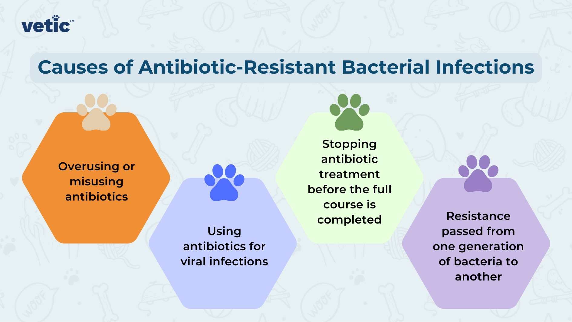 The image is an informative graphic that outlines the “Causes of Antibiotic-Resistant Bacterial Infections.” It features three hexagonal icons, each with a different color and symbol, representing various causes: Orange hexagon: Shows multiple pills and states “Overusing or misusing antibiotics.” Blue hexagon: Displays a virus icon and reads “Using antibiotics for viral infections.” Green hexagon: Depicts two arrows forming a circle, symbolizing continuity, with the text “Stopping antibiotic treatment before the full course is completed.” 4. Additionally, there’s a purple paw print icon with an arrow pointing to another paw print, indicating “Resistance passed from one generation of bacteria to another.”