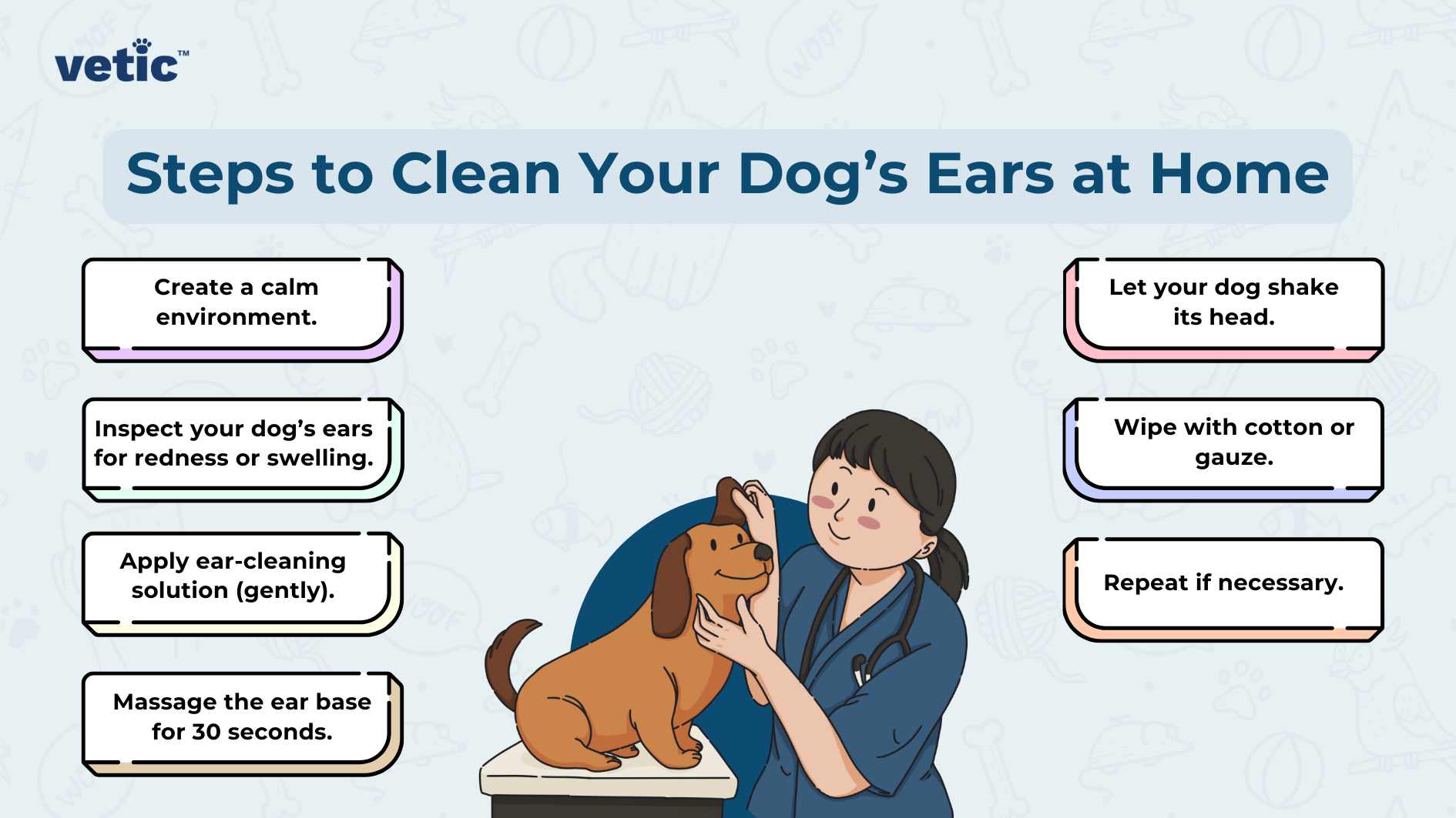 The image is an infographic by Vetic titled “Steps to Clean Your Dog’s Ears at Home” with the logo ‘vetic’ in the top left corner. It features a light blue background with decorative elements such as lines and dots. The infographic is divided into two sections by a curved line, each containing three illustrated steps for cleaning a dog’s ears. Left Section: Step 1: “Create a calm environment.” Illustration: A brown dog sitting happily. Step 2: “Inspect your dog’s ears for redness or swelling.” Illustration: A hand holding up the ear of the dog to inspect it. Step 3: “Apply ear-cleaning solution (gently).” Illustration: A bottle labeled with a drop icon, indicating the solution being applied into the dog’s ear while another hand massages the base of the ear. Right Section: Step 4: “Let your dog shake its head.” Illustration: A brown dog shaking its head with motion lines around it. Step 5: “Wipe with cotton or gauze.” Illustration: Hands wiping inside of a dog’s ear using cotton or gauze. Step 6: “Repeat if necessary.” Message: Suggests repeating previous steps as needed.