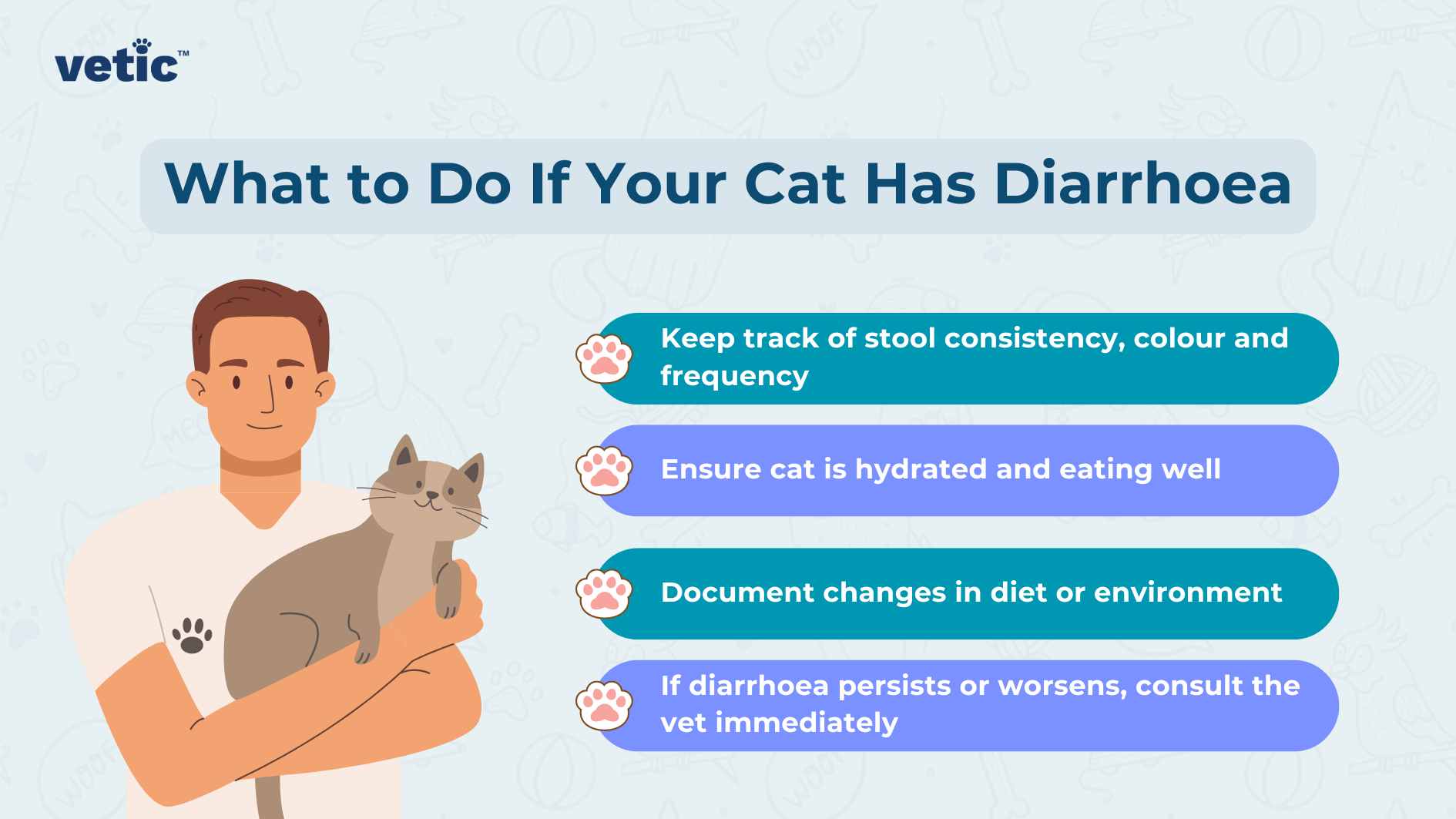 The image is an informational graphic from “vetic” about managing a cat’s health issue. It features a title at the top in bold letters that reads, “What to Do If Your Cat Has Diarrhoea.” Below the title, there is an illustration of a person holding a grey cat. To the right of this illustration, there are four bullet points with advice: Keep track of stool consistency, colour and frequency Ensure cat is hydrated and eating well Document changes in diet or environment If diarrhoea persists or worsens, consult the vet immediately