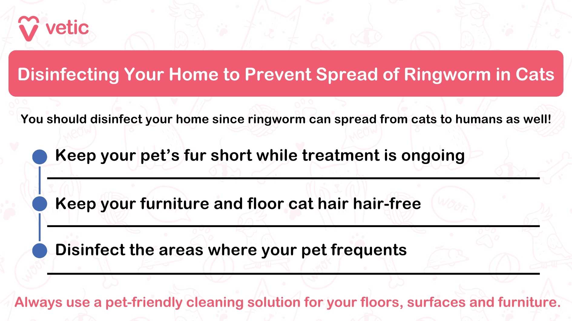 The image is an informational graphic from "vetic" about disinfecting your home to prevent the spread of ringworm in cats. The background is light with faint illustrations of pets. The main content is in a white box with a pink header that reads, "Disinfecting Your Home to Prevent Spread of Ringworm in Cats." Below the header, there is a subheading that states, "You should disinfect your home since ringworm can spread from cats to humans as well!" The graphic lists three main points, each marked with a blue dot: "Keep your pet’s fur short while treatment is ongoing" "Keep your furniture and floor cat hair-free" "Disinfect the areas where your pet frequents" At the bottom, there is a note in pink text: "Always use a pet-friendly cleaning solution for your floors, surfaces and furniture."