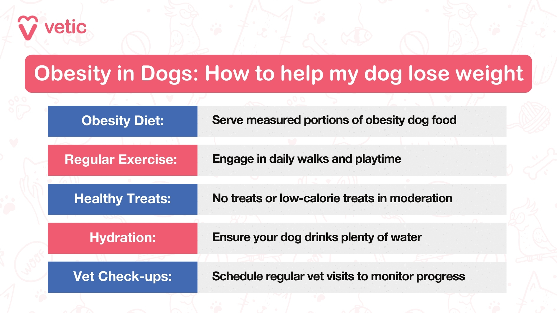 The image is an informative graphic from Vetic, titled "Obesity in Dogs: How to Help My Dog Lose Weight." The background features light illustrations of various pets and pet-related items, such as bones, balls, and paw prints, adding a playful and engaging touch. The central focus is a large, red, rounded rectangle with the text "How to Help My Dog Lose Weight" prominently displayed in white. An arrow extends from this rectangle to the right, leading to a list of five key points, each accompanied by a numbered circle. The points are as follows: Obesity Diet: Serve measured portions of obesity dog food. Regular Exercise: Engage in daily walks and playtime. Healthy Treats: No treats or low-calorie treats in moderation. Hydration: Ensure the dog drinks plenty of water. Vet Check-ups: Schedule regular vet visits to monitor progress. The Vetic logo, which includes a stylized heart and the brand name, is positioned at the top left corner of the image. This graphic provides a clear, concise, and visually appealing guide for dog owners to help maintain their pets' health and prevent obesity, which can lead to various health problems in dogs.