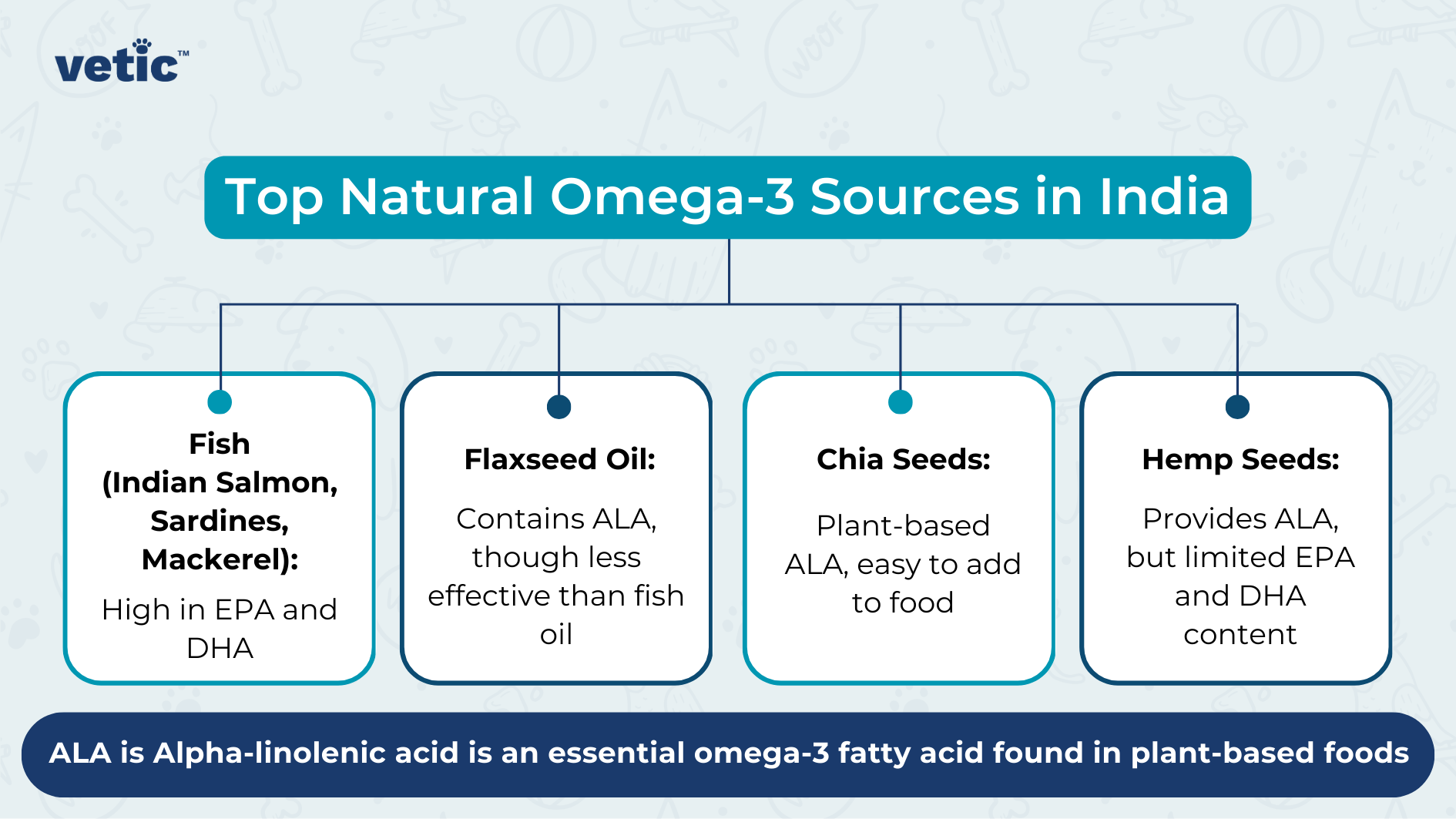 The image is an infographic from "vetic" that highlights the top natural sources of Omega-3 in India. The background is light blue with faint illustrations of pets and pet-related items. The title "Top Natural Omega-3 Sources in India" is prominently displayed in a blue banner at the top. Below the title, there are four sections, each enclosed in a box with a blue outline, detailing different sources of Omega-3: Fish (Indian Salmon, Sardines, Mackerel): High in EPA and DHA. Flaxseed Oil: Contains ALA, though less effective than fish oil. Chia Seeds: Plant-based ALA, easy to add to food. Hemp Seeds: Provides ALA, but limited EPA and DHA content. At the bottom of the image, there is a blue banner with the text: "ALA is Alpha-linolenic acid, an essential omega-3 fatty acid found in plant-based foods."