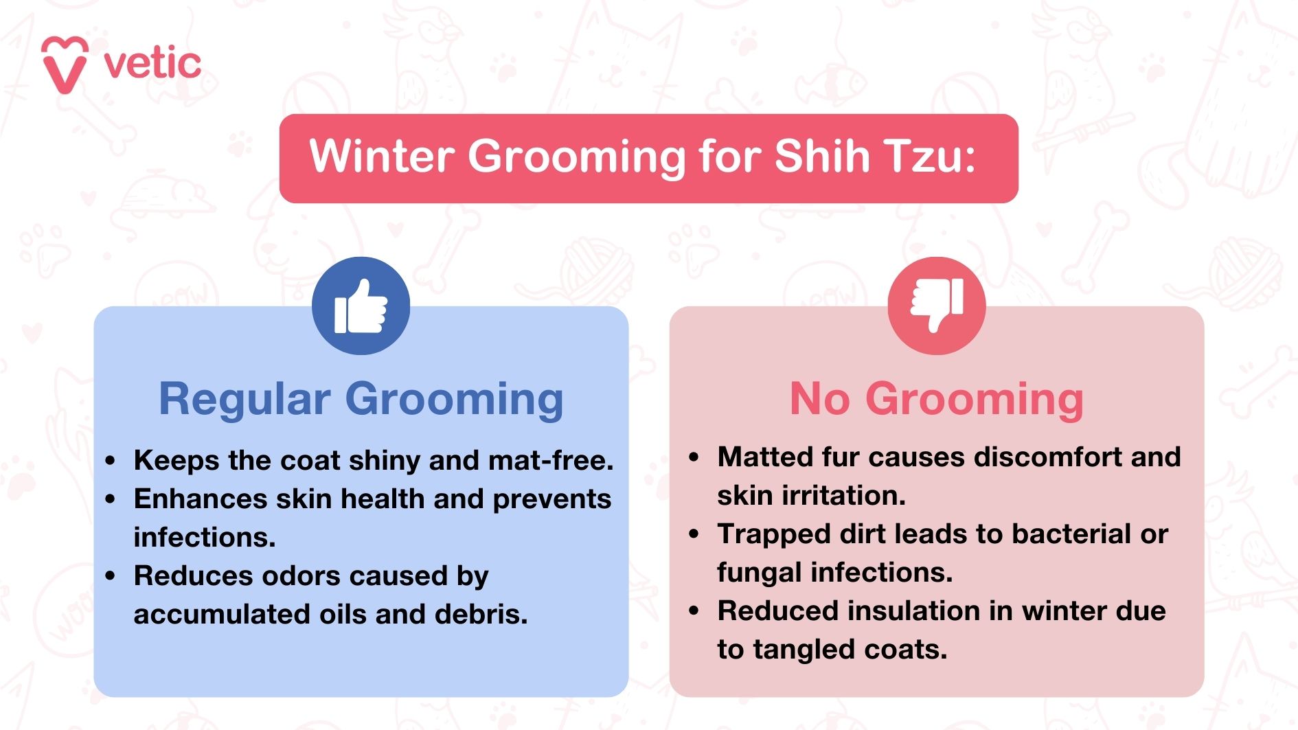 Winter Grooming for Shih Tzu Regular Grooming: Keeps the coat shiny and mat-free. Enhances skin health and prevents infections. Reduces odors caused by accumulated oils and debris. Disadvantages of not grooming: Matted fur causes discomfort and skin irritation. Trapped dirt leads to bacterial or fungal infections. Reduced insulation in winter due to tangled coats.