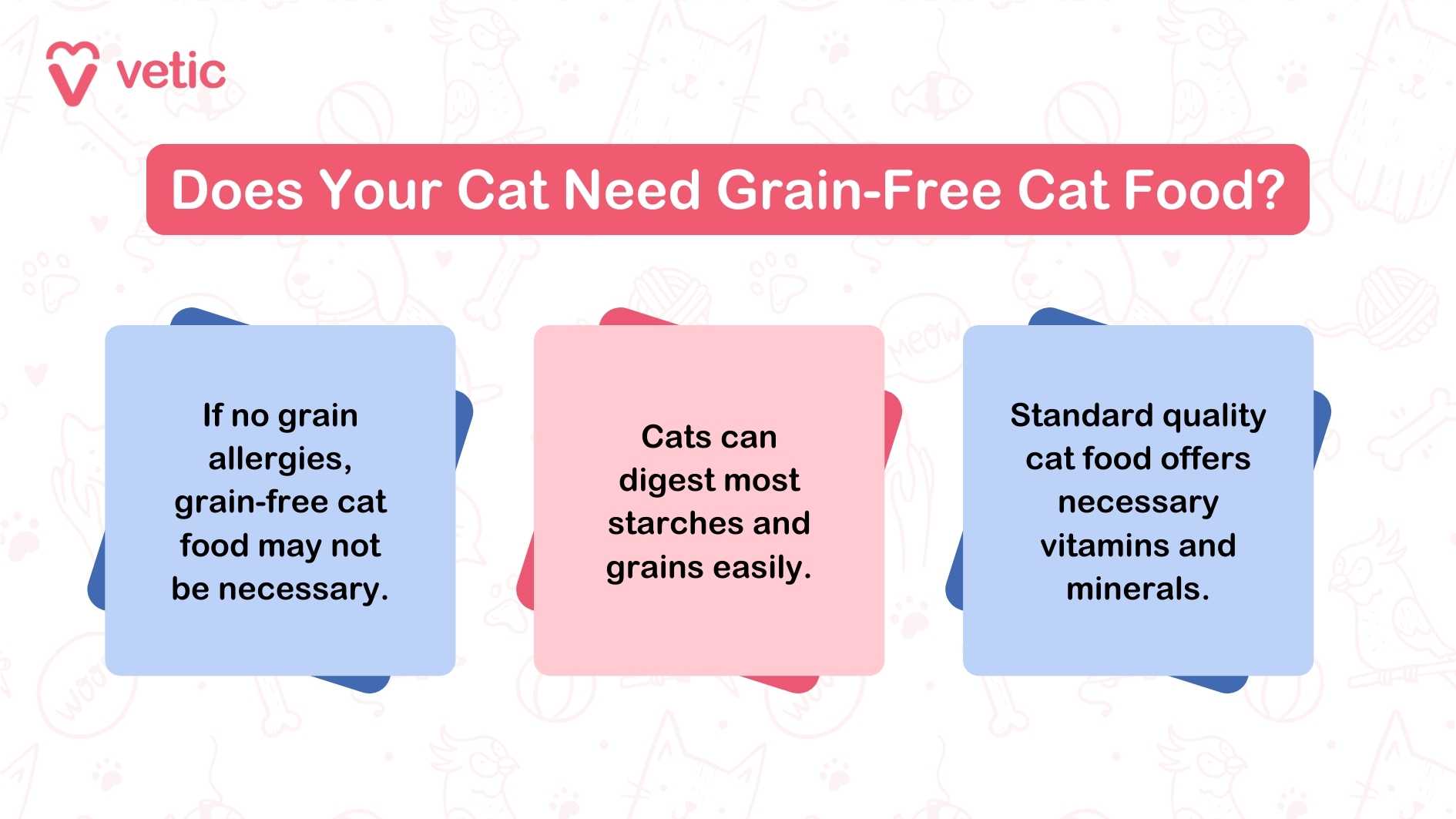 The image you uploaded is an informational graphic from Vetic about whether cats need grain-free cat food. It contains three main points: If no grain allergies, grain-free cat food may not be necessary. Cats can digest most starches and grains easily. Standard quality cat food offers necessary vitamins and minerals.