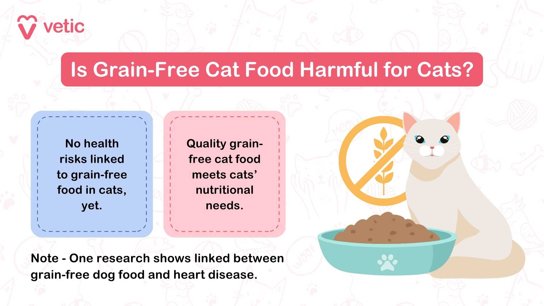 an informational graphic from "Vetic" discussing whether grain-free cat food is harmful to cats. It features a title, "Is Grain-Free Cat Food Harmful for Cats?" and two main points: No health risks linked to grain-free food in cats, yet. Quality grain-free cat food meets cats’ nutritional needs. Additionally, there is a note at the bottom stating, "Note - One research shows linked between grain-free dog food and heart disease." The image also includes an illustration of a cat sitting next to a bowl of food with a symbol indicating grain-free food.