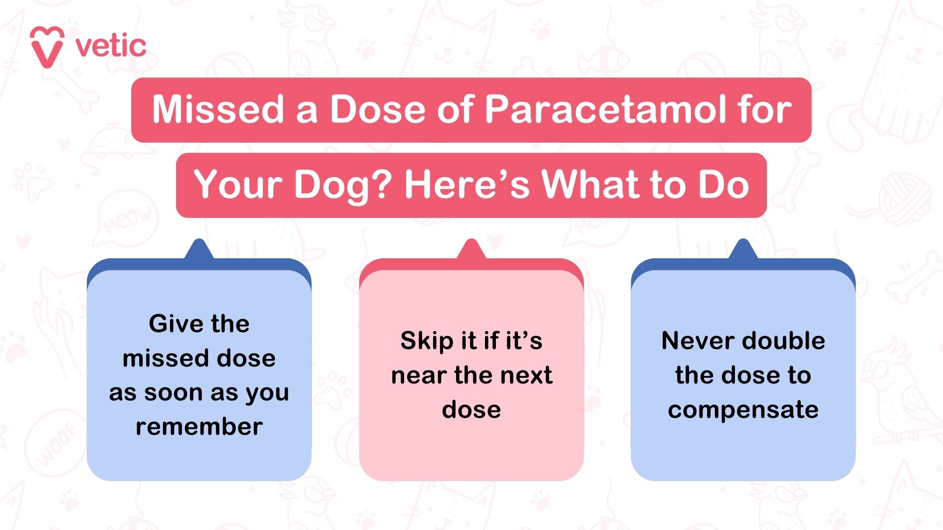 The image is an informational graphic from "Vetic" about what to do if a dose of paracetamol for a dog is missed. The graphic is divided into three sections with the following instructions: Give the missed dose as soon as you remember: This advice ensures that the dog does not miss out on its medication due to a forgotten dose. Skip it if it’s near the next dose: If the next scheduled dose is almost due, it's better to skip the missed dose to avoid overdosing. Never double the dose to compensate: This precaution is to prevent giving an excessive amount of paracetamol to dogs, which could lead to toxicity. This graphic provides clear and concise instructions on managing missed doses when giving paracetamol to dogs.