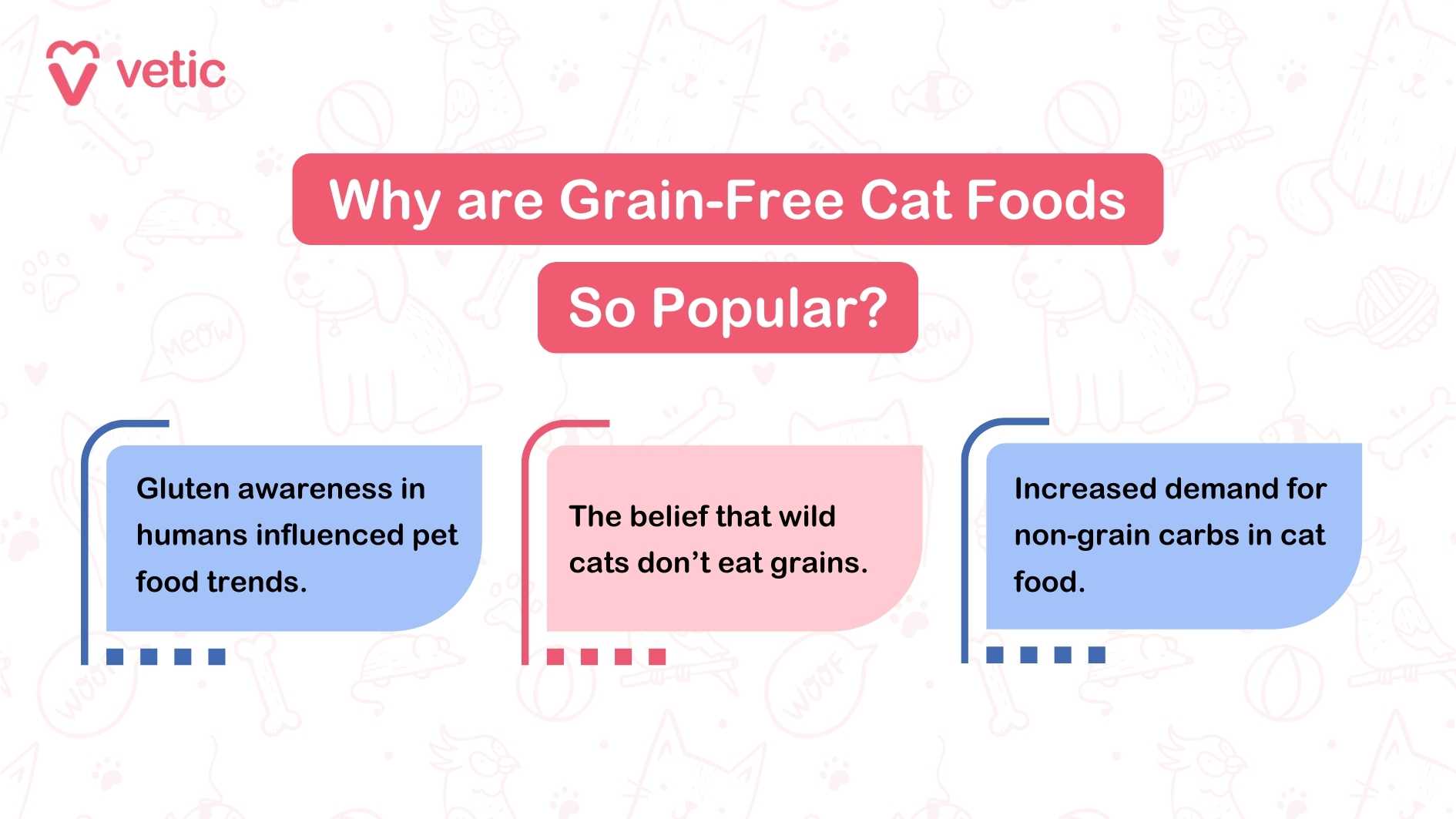 an infographic from Vetic explaining why grain-free cat foods are popular. It highlights three main reasons: Gluten awareness in humans influenced pet food trends. The belief that wild cats don’t eat grains. Increased demand for non-grain carbs in cat food.