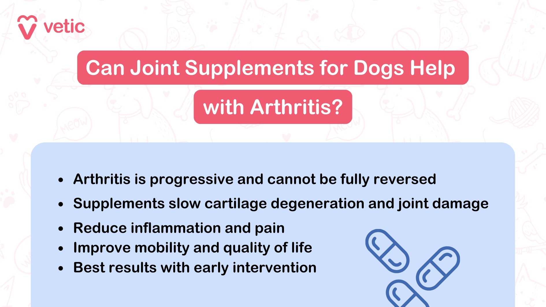 The image is an informational graphic from "Vetic" about joint supplements for dogs with arthritis. It contains the following text: "Can Joint Supplements for Dogs Help with Arthritis? Arthritis is progressive and cannot be fully reversed Supplements slow cartilage degeneration and joint damage Reduce inflammation and pain Improve mobility and quality of life Best results with early intervention" The layout is clean and straightforward, focusing on the key points in bullet form. The background is a muted color, making the text easy to read. This graphic is designed to inform pet owners about the benefits of joint supplements for dogs suffering from arthritis, emphasizing the importance of early intervention for the best results