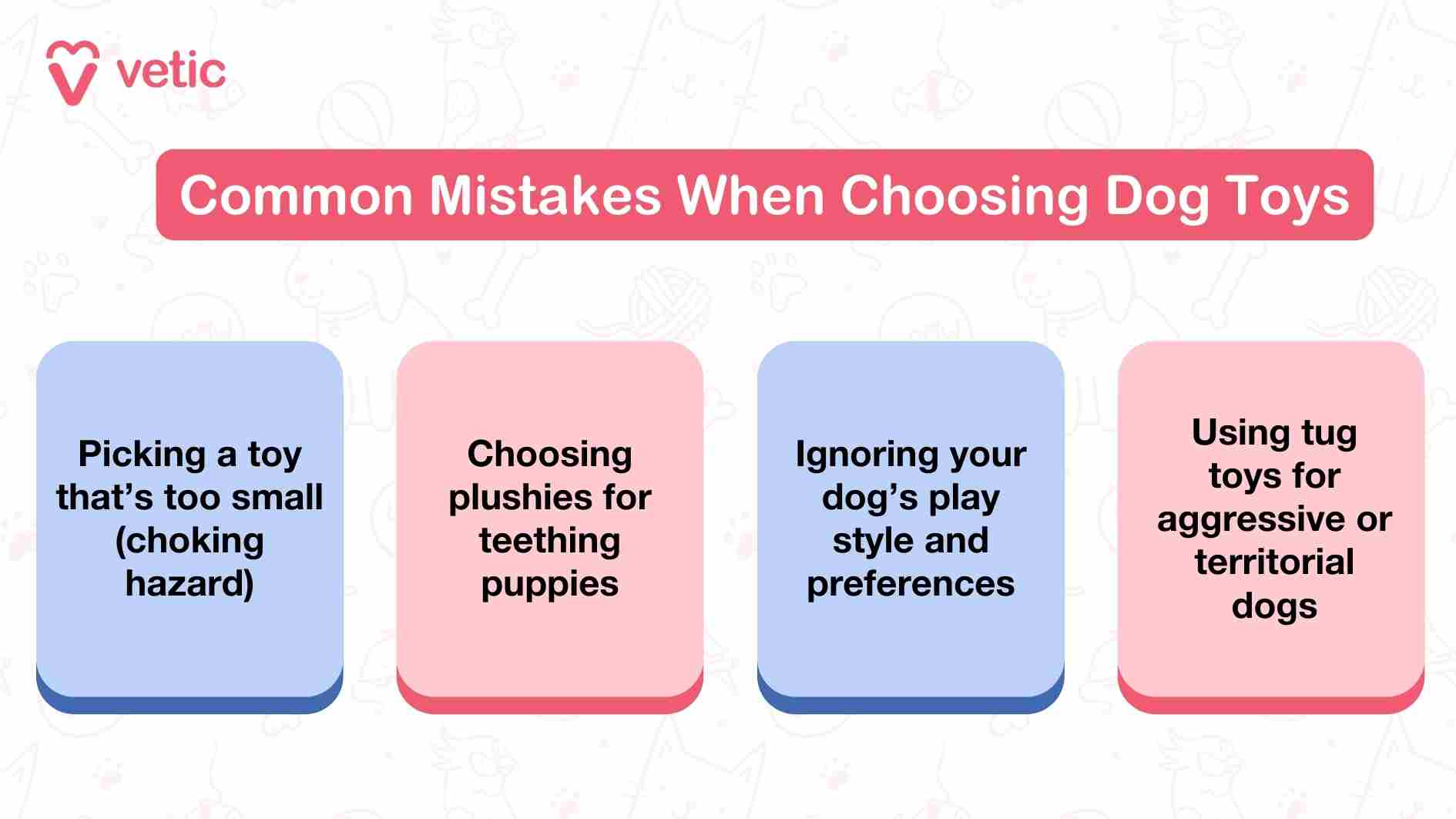 "This image, titled 'Common Mistakes When Choosing the Best Dog Toys,' lists four frequent errors pet owners might make when selecting toys for their dogs. These include choosing toys that are too small (posing a choking hazard), using plushies for teething puppies, not considering the dog's play style and preferences, and utilizing tug toys for dogs with aggressive or territorial tendencies. Avoiding these common pitfalls is key to finding the best dog toys that are safe and enjoyable for your furry friend.