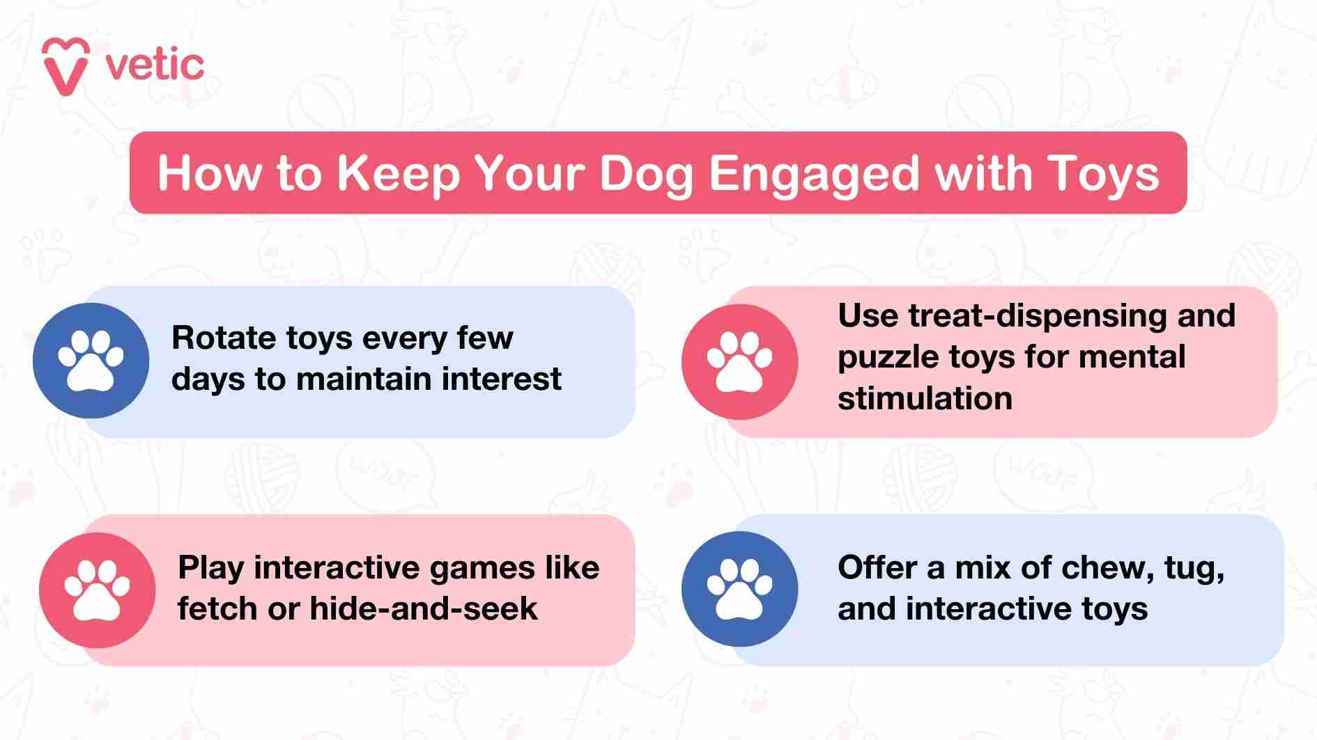 This infographic titled 'How to Keep Your Dog Engaged with Toys' offers practical tips to ensure your pet's playtime remains exciting. It suggests strategies like rotating toys, using treat-dispensing and puzzle toys, playing interactive games, and offering a variety of options, such as chew, tug, and interactive types. These ideas are essential for keeping your pet entertained and finding the best dog toys that suit their needs.