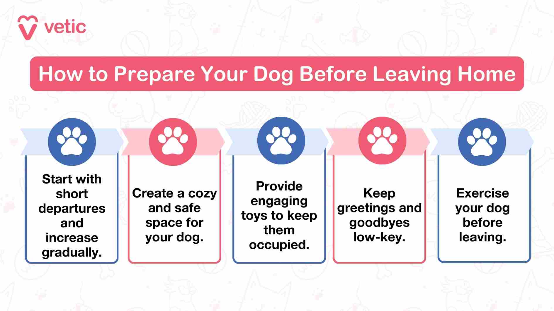 This one, titled "How to Prepare Your Dog Before Leaving Home," from "vetic," highlights five practical steps to ease your dog's transition to alone time and minimize separation anxiety in dogs. Here's the detailed description: The infographic presents a clear title at the top: "How to Prepare Your Dog Before Leaving Home." It outlines five tips, each paired with a paw print icon for a friendly and approachable design: Start with short departures and gradually increase the duration over time. Create a cozy and safe space where your dog feels secure. Provide engaging toys to keep your dog occupied and entertained during your absence. Keep greetings and goodbyes low-key, avoiding dramatic exits or arrivals. Ensure your dog gets plenty of exercise before leaving, so they're more relaxed and calm.