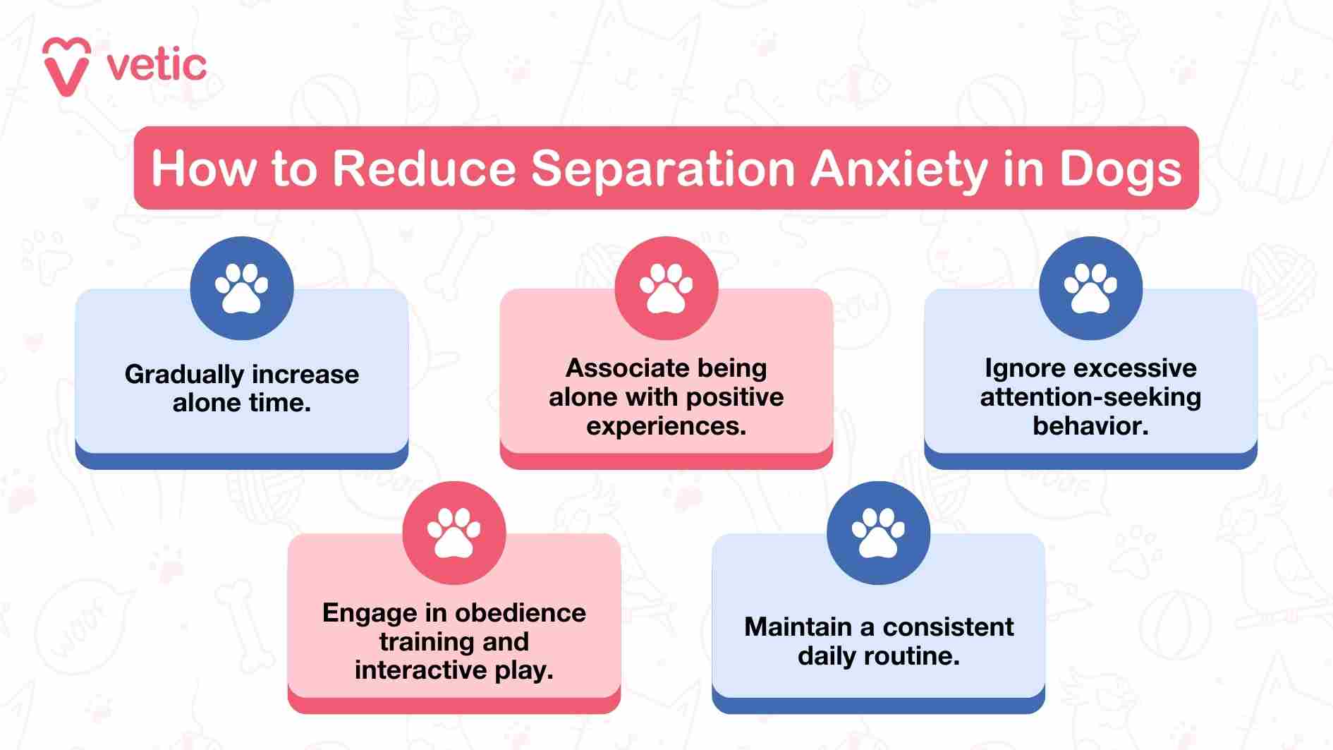 titled "How to Reduce Separation Anxiety in Dogs," is also crafted by "Vetic" and provides five practical, actionable tips for easing separation anxiety in dogs. Each tip is visually represented with a paw print icon to create a relatable and appealing design. The tips are: Gradually increase alone time: Introduce alone time in small increments, making your dog comfortable with being by themselves. Associate being alone with positive experiences: Use treats, toys, or activities to help your dog associate alone time with enjoyable moments. Ignore excessive attention-seeking behavior: Avoid reinforcing clingy behavior by not giving in to constant attention demands. Engage in obedience training and interactive play: Build your dog's confidence and provide mental stimulation through training and play. Maintain a consistent daily routine: Establish a predictable schedule to help your dog feel secure and comfortable.