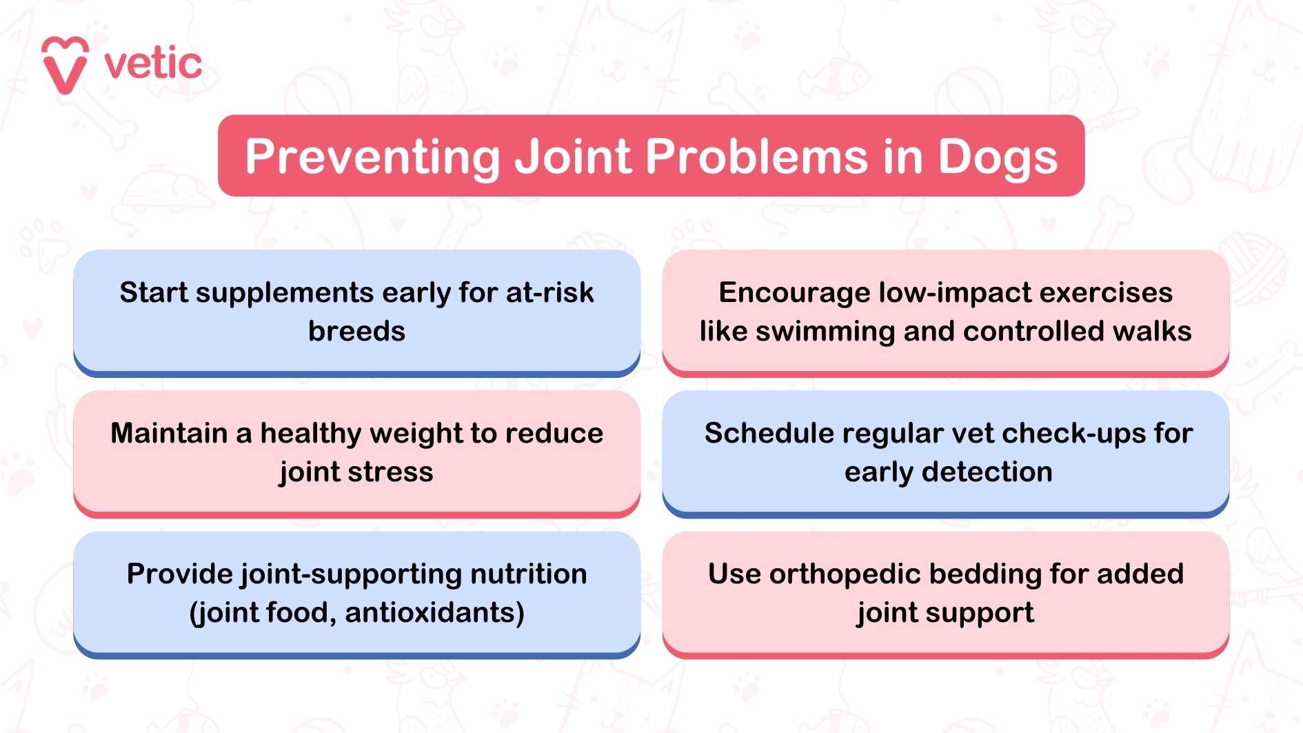 The image is an infographic from "Vetic" about "Preventing Joint Problems in Dogs." It contains six tips for preventing joint problems in dogs, organized in two rows of three boxes each. The tips are: Start joint supplements for dogs early for at-risk breeds. Encourage low-impact exercises like swimming and controlled walks. Maintain a healthy weight to reduce joint stress. Schedule regular vet check-ups for early detection. Provide joint-supporting nutrition (joint food, antioxidants). Use orthopedic bedding for added joint support. The layout is well-organized, with each tip clearly separated into its own box, making it easy to read and understand. The background is a muted color, which helps the text stand out.