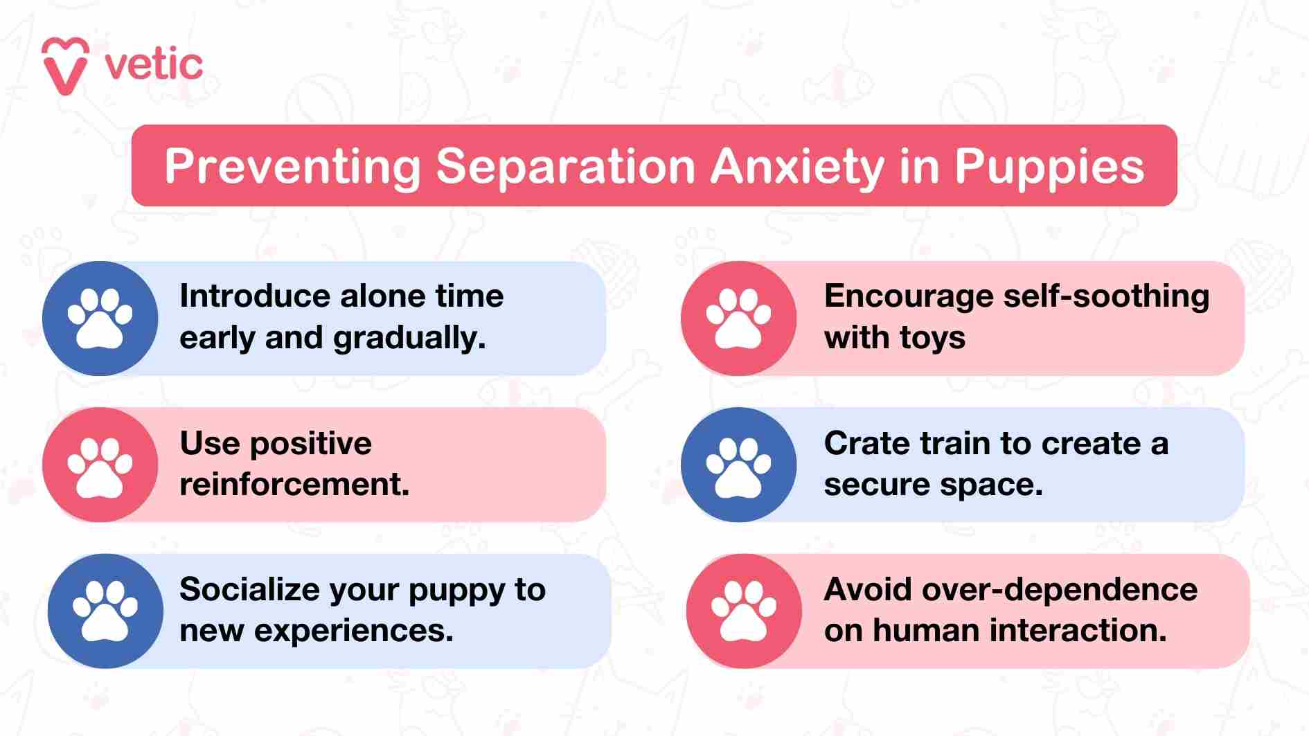 The image is titled "Preventing Separation Anxiety in dogs and Puppies," created by "vetic." It features six valuable tips, each represented alongside a paw print icon for a touch of charm and relatability. The tips are as follows: Introduce alone time early and gradually: Helping puppies become comfortable with solitude from an early stage is key. Use positive reinforcement: Rewarding good behavior encourages positive associations with being independent. Socialize your puppy to new experiences: Exposure to diverse situations and environments builds confidence and reduces fear. Encourage self-soothing with toys: Providing toys or comfort items can keep puppies entertained and calm when they're alone. Crate train to create a secure space: Establishing a safe and cozy spot for them fosters a sense of security. Avoid over-dependence on human interaction: Teaching balance ensures puppies don't become overly reliant on constant companionship.