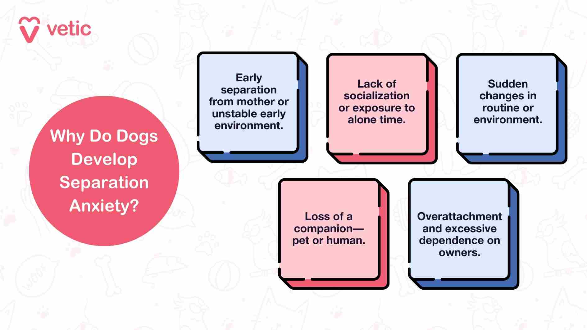 an infographic created by "vetic," shedding light on the possible reasons why we see separation anxiety in dogs. Here's a detailed breakdown: At the heart of the design is a large pink circle that poses the question: "Why Do Dogs Develop Separation Anxiety?" Encircling this focal point are five distinct colored boxes. Each one illustrates a specific cause of separation anxiety in dogs: Early separation from their mother or growing up in an unstable environment. Lack of socialization or insufficient exposure to being alone. Sudden changes in routine or environment. Losing a companion, whether it's a pet or human. Developing an overattachment or excessive dependence on their owner. This succinct and visually engaging design serves well as an educational resource for pet owners or enthusiasts keen on understanding canine behavior.