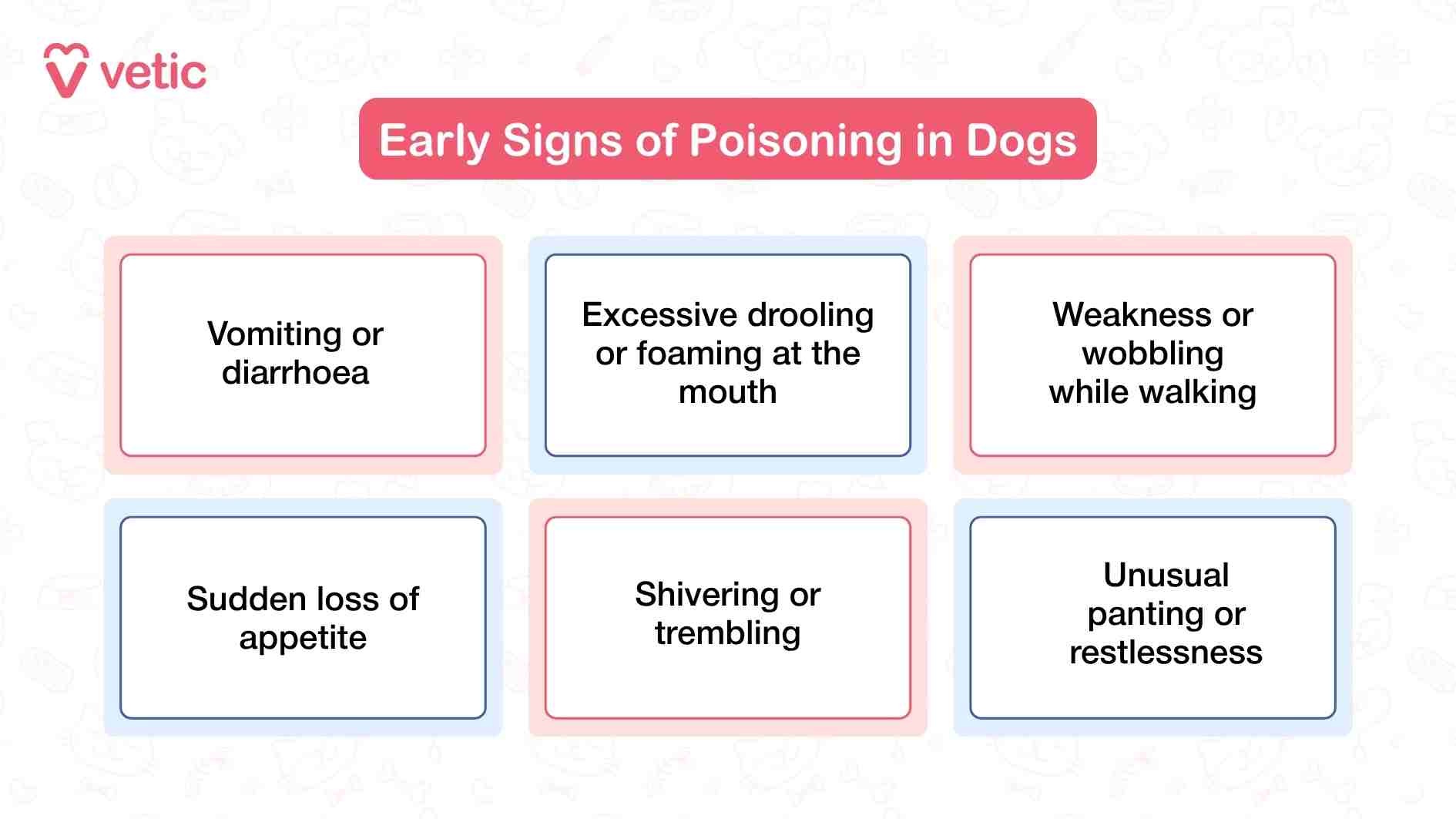 The image titled “Early Signs of Poisoning in Dogs” from Vetic presents six critical symptoms that may indicate a dog has ingested something toxic. The layout is clean and direct, with each symptom housed in its own box, making it easy for pet parents to scan and absorb the information quickly. The red banner at the top immediately signals urgency, reinforcing the seriousness of the topic. The listed signs—vomiting or diarrhoea, excessive drooling or foaming at the mouth, weakness or wobbling while walking, sudden loss of appetite, shivering or trembling, and unusual panting or restlessness—are all early physiological and behavioral changes that can occur when a dog is exposed to harmful substances. These symptoms span gastrointestinal, neurological, and respiratory systems, suggesting that poisoning can manifest in multiple ways and may escalate rapidly if not addressed. The image’s design and symptom selection reflect a strong focus on early detection, empowering pet parents to act before the situation becomes critical.