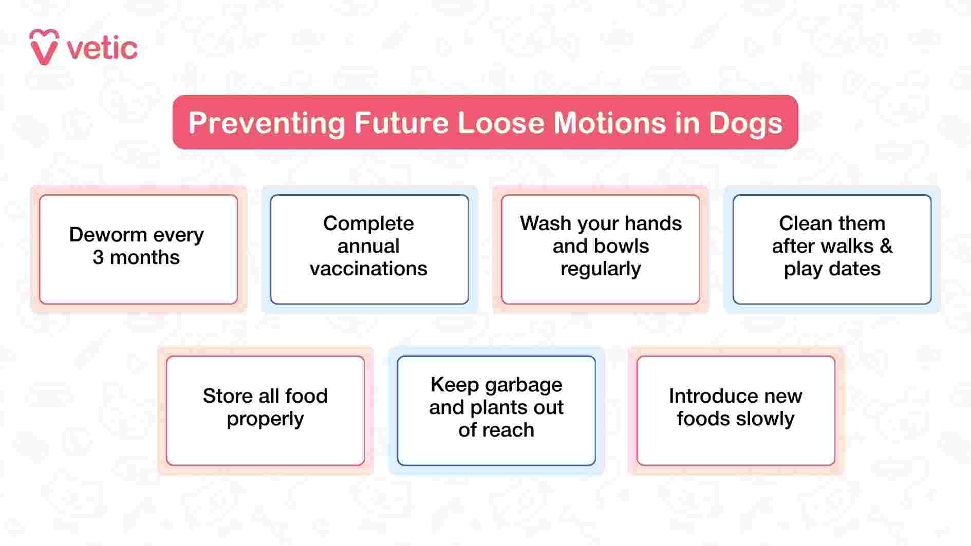 This image from Vetic offers a visually segmented guide to preventing future episodes of loose motions in dogs. The title, displayed in a soft pink banner, sets a reassuring tone for pet parents. Seven prevention tips are presented in individual boxes, each with a clear and actionable message. These include routine deworming, annual vaccinations, hygiene practices like washing bowls and hands, post-walk cleanups, proper food storage, keeping harmful items out of reach, and gradually introducing new foods. The layout is clean and approachable, making it easy for pet parents to absorb and implement these habits. The image emphasizes that digestive health is not just reactive—it’s built through consistent, mindful care.