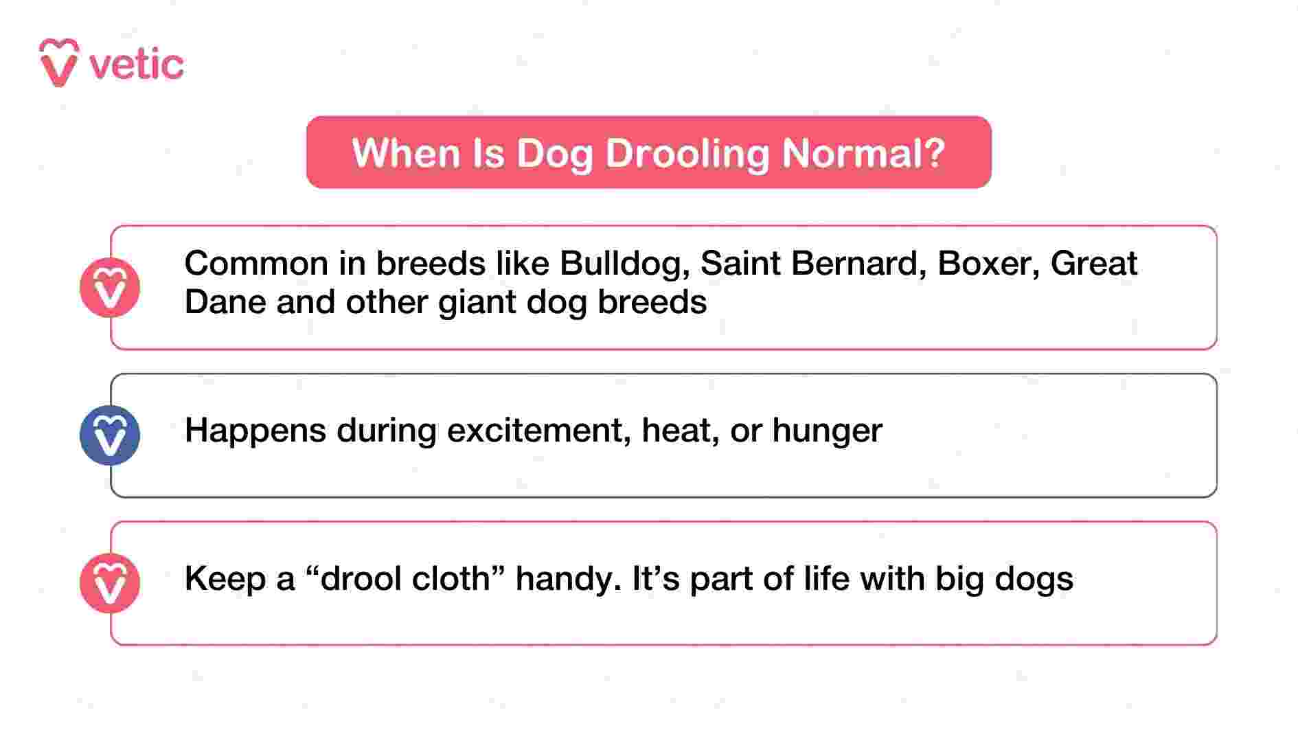 This graphic from Vetic addresses the question “When Is Dog Drooling Normal?” by offering context that helps pet parents distinguish between expected and abnormal salivation. It begins by identifying specific breeds—Bulldogs, Saint Bernards, Boxers, Great Danes, and other large dogs—as naturally prone to drooling due to their facial anatomy and loose jowls. The second point explains that drooling can increase during moments of excitement, exposure to heat, or hunger, all of which are temporary and situational. The final note adds a touch of practicality and humor, suggesting that keeping a “drool cloth” handy is simply part of life with big dogs. Together, these insights normalize drooling in certain contexts while subtly encouraging pet parents to observe patterns and breed-specific tendencies.