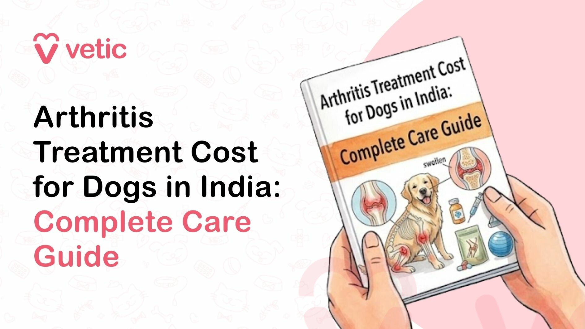 A clean, modern veterinary-themed digital illustration featuring a soft pastel background with light pet-related icons subtly patterned across it. In the top-left corner, the brand name “Vetic” appears in a minimal, friendly font accompanied by a heart-shaped logo, suggesting a trusted veterinary or pet care service. The overall color palette blends white, soft pink, and muted tones to create a calm, professional, and approachable visual aesthetic commonly used in pet healthcare content. On the left side of the image, bold, large typography clearly presents the headline: “Flea Treatment Cost for Cats in India: Complete Guide for Pet Owners.” The text is split into two color styles—black for the main informational portion and soft pink for emphasis words like “Complete Guide for Pet Owners,” making the title visually engaging and easy to scan. The font is modern and sans-serif, designed for readability and SEO-focused blog or educational content. On the right side of the image, a detailed illustration of an orange tabby cat is shown sitting calmly. The cat has distinct striped fur patterns in shades of orange and light brown, with a soft cream-colored underbelly. Its eyes are large, expressive, and warm-toned, giving it a friendly and relaxed appearance. The cat’s posture is upright but comfortable, suggesting that it is being handled gently during a treatment process. Next to the cat, a pair of human hands wearing white medical gloves is shown administering a topical flea treatment. One hand gently holds the cat steady, while the other holds a small dropper bottle angled downward. A visible drop of liquid is about to be applied to the cat’s skin, indicating a common method of flea prevention using spot-on treatment. This visual clearly communicates veterinary care, hygiene, and safety, reinforcing the educational intent of the image. In the lower-left area near the cat, another hand is holding a small booklet or guide titled “Flea Treatment Cost for Cat: Complete Guide for Pet Owner.” The booklet features a simple illustration of a cat and a money bag icon, symbolizing cost-related information. This element visually reinforces the topic of pricing and affordability, suggesting that the content is informative and helpful for pet owners looking to understand expenses related to flea treatments. The composition is balanced, with text on the left and illustration on the right, guiding the viewer’s attention naturally across the image. The soft pink curved shape behind the cat adds depth and contrast, helping the subject stand out without overwhelming the design. The overall layout resembles a blog thumbnail or social media post designed for educational veterinary content. This image conveys multiple key themes: pet healthcare awareness, affordability of treatments, responsible pet ownership, and veterinary guidance. It is particularly relevant for cat owners in India who are searching for information about flea prevention, treatment options, and associated costs. The visual storytelling effectively combines medical context with a friendly and non-intimidating presentation, making it accessible to a wide audience. From an SEO perspective, the image strongly aligns with keywords such as “flea treatment cost for cats in India,” “cat flea prevention guide,” “pet healthcare costs,” “veterinary care for cats,” and “how to treat fleas in cats.” The inclusion of visual cues like the dropper, gloves, and calm cat enhances relevance for search engines and improves accessibility for visually impaired users when used as alt text. Overall, the image is a professional, informative, and visually appealing representation of a veterinary topic focused on flea treatment costs for cats, designed to educate pet owners while maintaining a friendly and trustworthy tone.