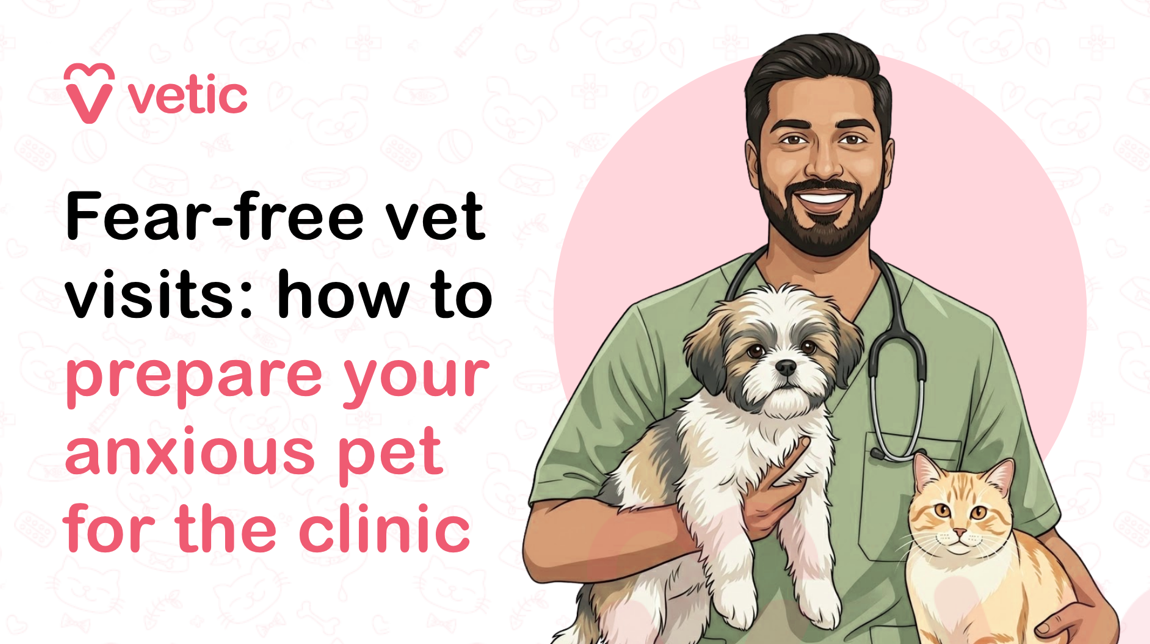 A professionally designed veterinary awareness and pet wellness graphic by Vetic focused on fear-free veterinary visits and preparing anxious pets for clinic appointments. The image features a soft, calming pastel aesthetic dominated by white and light pink tones, creating a reassuring and friendly atmosphere intended to reduce stress and promote positive pet healthcare experiences. The background contains faint outline illustrations of pet-related icons such as paw prints, bones, medicine symbols, pet bowls, and cartoon animal faces, subtly reinforcing the veterinary and pet-care theme without distracting from the main message. In the top-left corner, the Vetic branding is prominently displayed with a pink heart-shaped veterinary logo and the lowercase word “vetic” written in a modern rounded font. The branding conveys trust, compassion, and professional pet healthcare services. The visual style resembles a high-quality veterinary blog banner, social media educational post, or pet wellness infographic designed to engage pet owners online. On the left side of the image, large bold typography communicates the central educational topic. The headline reads: “Fear-free vet visits: how to prepare your anxious pet for the clinic.” The text is split into black and pink sections for emphasis and visual hierarchy. The phrase “Fear-free vet visits: how to” appears in bold black font, while the words “prepare your anxious pet for the clinic” are highlighted in soft pink. This color contrast draws attention to the emotional and behavioral focus of the topic, emphasizing anxiety reduction and stress-free veterinary care for pets. The typography is clean, highly readable, and optimized for digital viewing on blogs, websites, and social media platforms. The use of lowercase lettering gives the design a warm and approachable tone rather than a clinical or intimidating appearance. The layout clearly communicates that the content is intended to help pet owners understand how to reduce fear, anxiety, and stress during veterinary appointments for dogs and cats. On the right side of the image, a smiling male veterinarian is illustrated holding two pets. The veterinarian appears friendly, approachable, and calm, reinforcing the concept of fear-free veterinary care. He has short dark hair, a neatly groomed beard, and a warm facial expression that conveys confidence and compassion. He is wearing light green medical scrubs with a stethoscope draped around his neck, immediately identifying him as a veterinary healthcare professional. The soft illustration style and warm expression are designed to make veterinary visits appear welcoming rather than frightening. In the veterinarian’s left arm, he is gently holding a small fluffy dog that resembles a Shih Tzu or mixed toy breed. The dog has white, cream, and gray fur with soft facial features and dark round eyes. The dog appears calm and comfortable while being held, symbolizing successful low-stress handling techniques commonly associated with fear-free veterinary practices. The relaxed posture of the dog visually supports the message that pets can feel safe and secure during clinic visits when handled properly. Beside the veterinarian is a calm orange-and-cream colored cat sitting comfortably. The cat has a gentle facial expression and relaxed posture, further reinforcing the image’s theme of stress-free veterinary interactions for both dogs and cats. The cat’s fur is softly shaded with realistic detail, and its relaxed demeanor suggests trust and comfort in the veterinary environment. Behind the veterinarian and pets is a large pale pink circular design element that helps focus attention on the subjects while separating them from the patterned background. The composition is balanced and visually clean, with educational text occupying the left side and the comforting veterinary illustration on the right side. This arrangement mirrors common layouts used in professional veterinary marketing materials, educational pet blogs, pet clinic advertisements, and social media awareness campaigns. The image strongly communicates themes related to pet anxiety management, fear-free veterinary practices, low-stress pet handling, positive reinforcement during vet visits, pet behavioral health, and compassionate veterinary care. It is particularly relevant for pet owners searching for ways to reduce stress in dogs and cats before clinic appointments, including crate training, desensitization, calming techniques, transportation preparation, and choosing anxiety-friendly veterinary environments. From an SEO and accessibility perspective, the image aligns with highly relevant keywords and search phrases such as “fear-free vet visits,” “anxious pet at vet,” “stress-free veterinary care,” “how to prepare pets for vet visits,” “fear free veterinary clinic,” “dog anxiety at vet,” “cat stress during vet visits,” “pet clinic preparation tips,” “low stress handling for pets,” and “pet anxiety management.” The detailed visual depiction of a compassionate veterinarian interacting calmly with pets supports educational and emotional understanding while improving accessibility for screen-reader users through descriptive alt text. Overall, the image is a warm, professional, and educational veterinary graphic designed to reassure pet owners about fear-free veterinary care. Through soft colors, approachable illustration style, compassionate human-animal interaction, and clear educational messaging, the graphic successfully promotes positive veterinary experiences and anxiety reduction techniques for pets visiting the clinic.