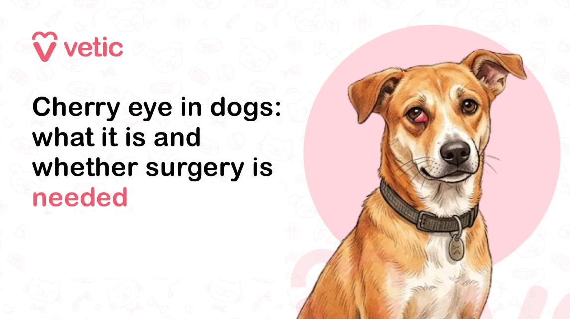 A professionally designed veterinary-themed educational graphic by Vetic focused on cherry eye in dogs, explaining the condition and whether surgery may be necessary. The image uses a clean and modern layout with soft pastel tones, primarily white and light pink, creating a calm and trustworthy visual style commonly associated with pet healthcare and veterinary education. The background contains subtle pet-themed outline illustrations such as paw prints, bones, pet bowls, medicine symbols, and cat and dog icons, giving the design a gentle and approachable appearance without distracting from the main subject. In the top-left corner of the image, the Vetic logo is prominently displayed. The logo features a pink heart-shaped icon combined with a stylized veterinary symbol alongside the lowercase brand name “vetic” in matching pink typography. The branding reinforces the image’s authority as a veterinary or pet wellness resource aimed at educating pet owners about canine health conditions. On the left side of the graphic, large bold black text clearly states the topic: “Cherry eye in dogs: what it is and whether surgery is needed.” Beneath this headline, an additional note appears in large pink text reading “(note: do not add cost factor here).” The typography is modern, highly legible, and visually balanced, with black text used for the primary informational content and pink text used for emphasis. The formatting creates a strong visual hierarchy that immediately communicates the article or blog topic to viewers. The wording indicates that the content is intended to focus strictly on the medical explanation of cherry eye in dogs and the discussion of treatment or surgical necessity, without mentioning pricing or cost-related details. On the right side of the image, there is a detailed digital illustration of a medium-sized brown-and-white dog with short fur and expressive facial features. The dog is positioned sitting upright and facing slightly toward the viewer, creating an engaging and empathetic visual connection. The dog wears a dark collar with a small metallic identification tag, indicating that it is a cared-for household pet. The animal’s fur is illustrated with soft shading and realistic texture, giving the image a polished and professional veterinary-illustration style. The most important visual element is the dog’s left eye, which clearly shows a protruding reddish-pink mass in the inner corner of the eye. This enlarged gland-like swelling visually represents cherry eye, a condition involving the prolapse of the gland of the third eyelid in dogs. The swollen tissue appears inflamed and noticeable, helping pet owners visually identify what cherry eye can look like in real-life situations. Despite the eye abnormality, the dog’s facial expression remains calm and gentle, making the illustration informative without appearing frightening or graphic. Behind the dog is a large pale pink circular design element that helps separate the subject from the background and draws attention to the dog’s face and eye condition. The composition is clean and balanced, with the educational text occupying the left side and the illustrative medical example occupying the right side. This layout mirrors common veterinary blog thumbnails, pet healthcare infographics, and educational social media banners designed to improve readability and viewer engagement. The image communicates several veterinary and pet-care themes, including canine eye health, cherry eye symptoms in dogs, pet surgery considerations, responsible pet ownership, veterinary consultation, and awareness of common dog medical conditions. The illustration style is friendly and informative, making the topic accessible to dog owners searching for guidance about unusual eye swelling or visible red tissue near a dog’s eye. From an SEO and accessibility perspective, the image strongly aligns with search terms such as “cherry eye in dogs,” “dog eye condition,” “dog cherry eye surgery,” “what causes cherry eye in dogs,” “canine eye gland prolapse,” “dog eye swelling,” “veterinary eye problems in dogs,” and “dog eye treatment guide.” The visual depiction of the eye condition helps improve understanding for users researching symptoms and treatment options, while the detailed alt text supports accessibility for visually impaired audiences using screen readers. Overall, the graphic is a polished veterinary educational illustration designed to explain cherry eye in dogs in a clear, approachable, and medically informative manner. It combines professional branding, educational typography, and a realistic dog illustration to create an engaging visual resource for pet owners seeking information about canine eye health and whether surgery may be necessary for treating cherry eye.