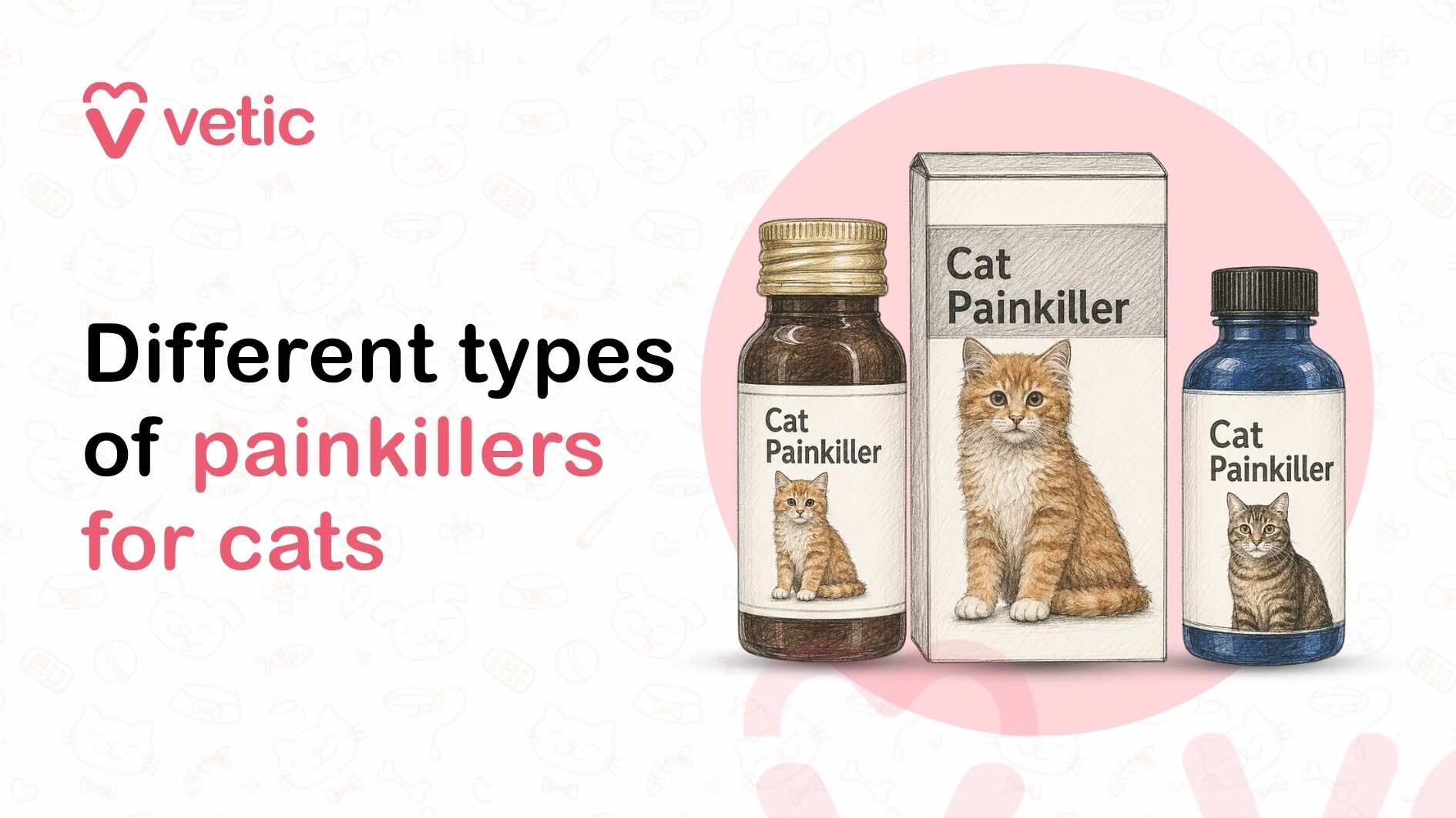 Three bottles of painkillers with images of cats on the bottles indicating that painkillers are often specific for cats and those for humans and dogs cannot be used in the feline patients. The image has a headline "Different types of painkillers" - reflecting the theme of the article